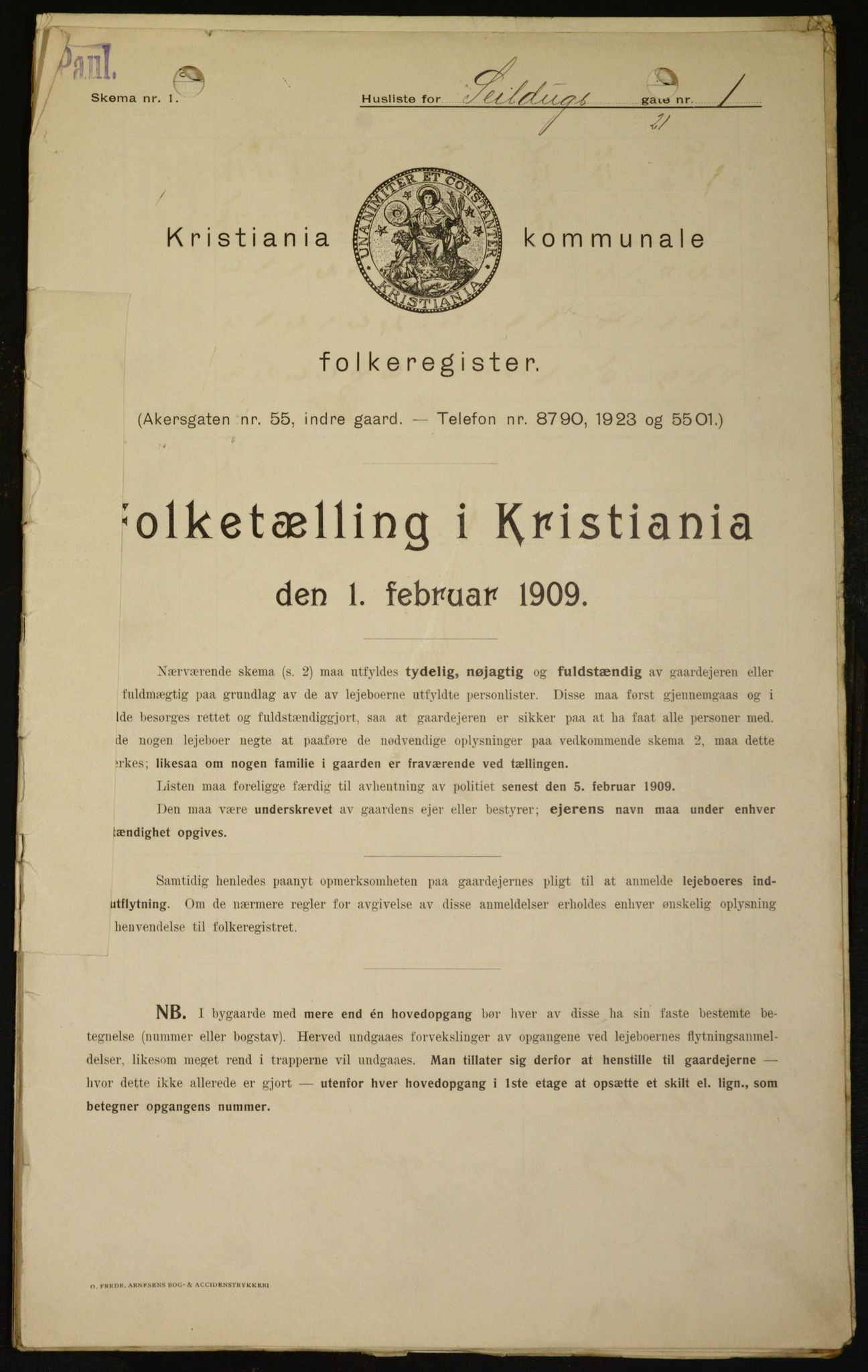 OBA, Kommunal folketelling 1.2.1909 for Kristiania kjøpstad, 1909, s. 85168