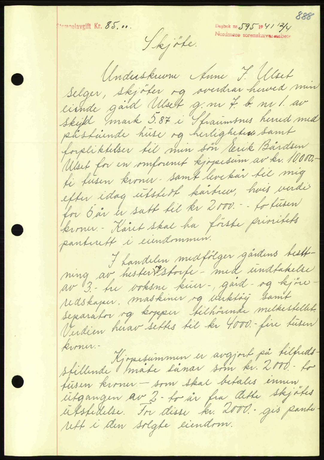 Nordmøre sorenskriveri, SAT/A-4132/1/2/2Ca: Pantebok nr. A89, 1940-1941, Dagboknr: 595/1941