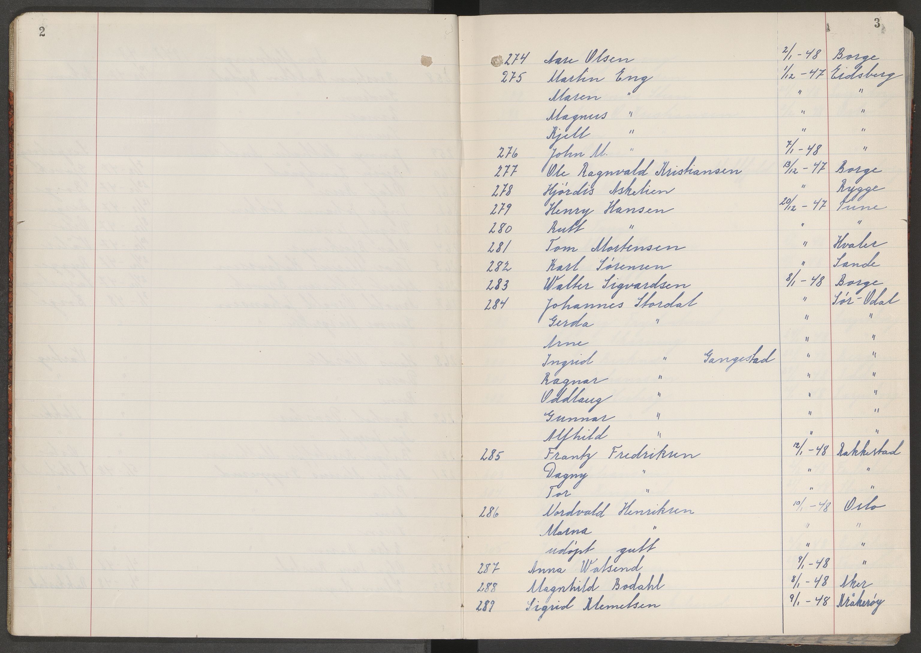 Skjeberg folkeregister, AV/SAO-A-10495/K/Ka/L0004: Fortegnelse over inn- og utflyttede, 1947-1950, s. 2-3