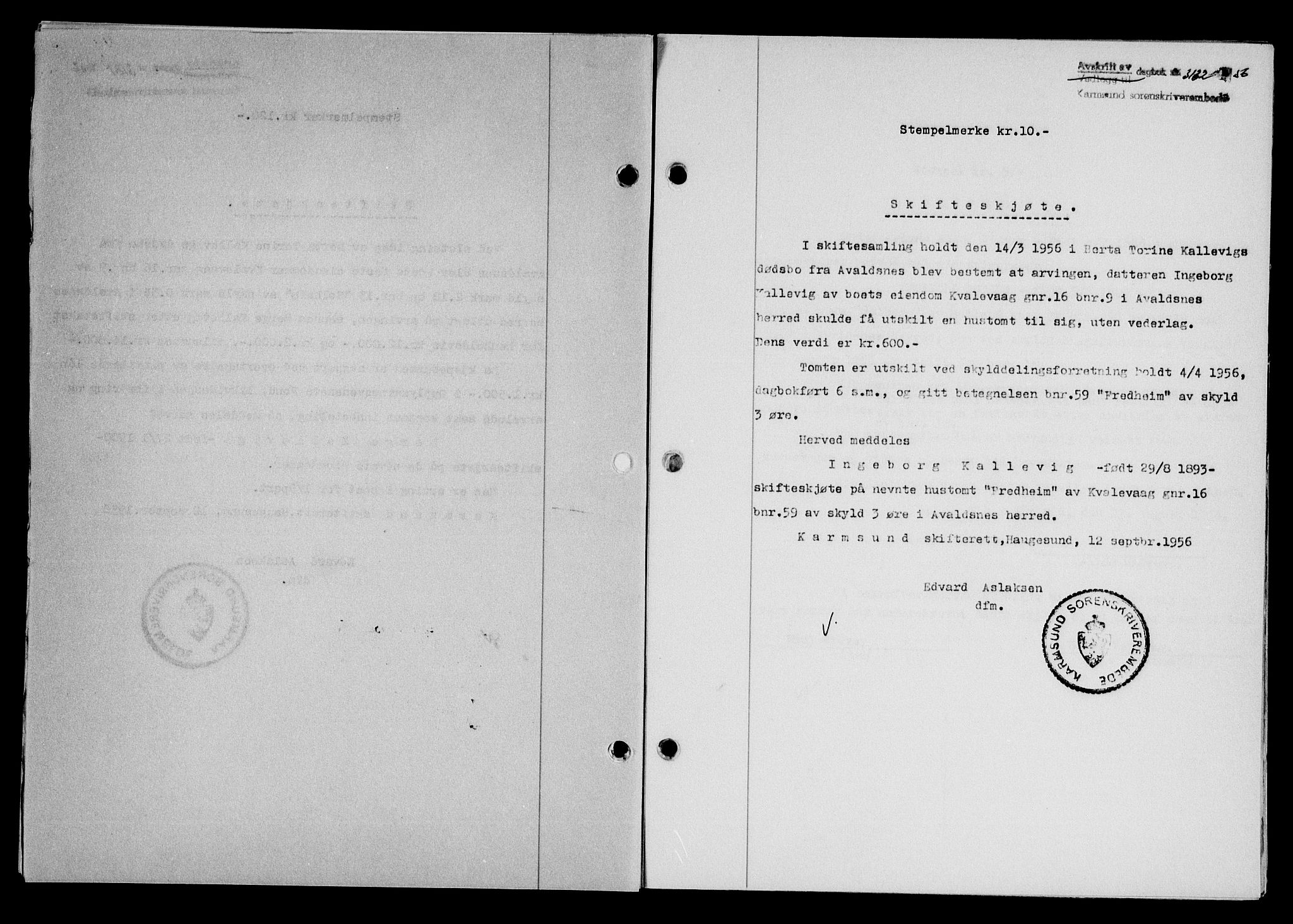 Karmsund sorenskriveri, SAST/A-100311/01/II/IIB/L0121: Pantebok nr. 101A, 1956-1956, Dagboknr: 3132/1956