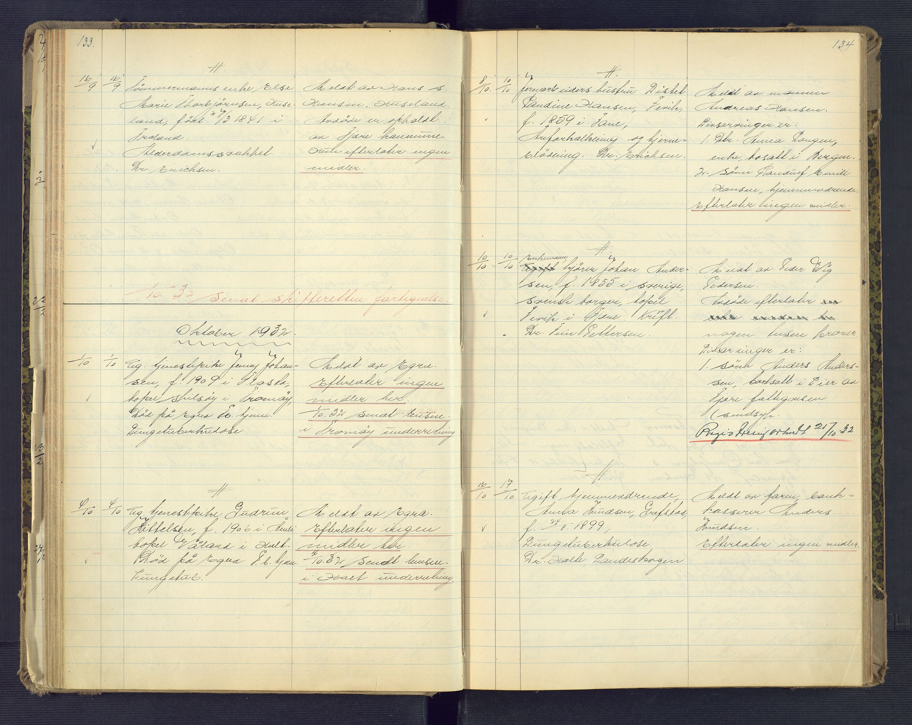 Landvik og Fjære lensmannskontor, AV/SAK-1241-0027/F/Fe/L0003: Anmeldte dødsfall nr 32, 1926-1935, s. 133-134