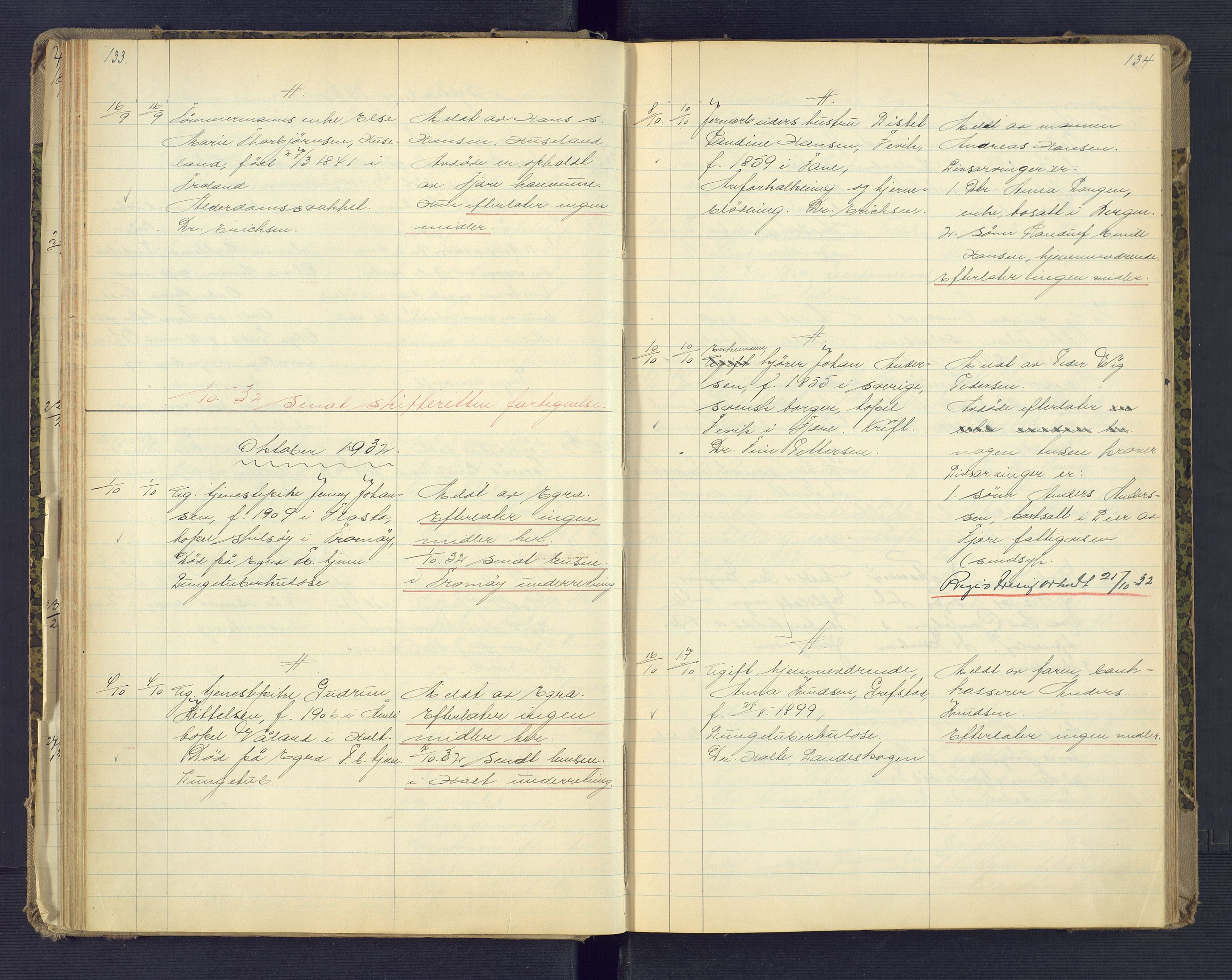 Landvik og Fjære lensmannskontor, SAK/1241-0027/F/Fe/L0003: Anmeldte dødsfall nr 32, 1926-1935, s. 133-134