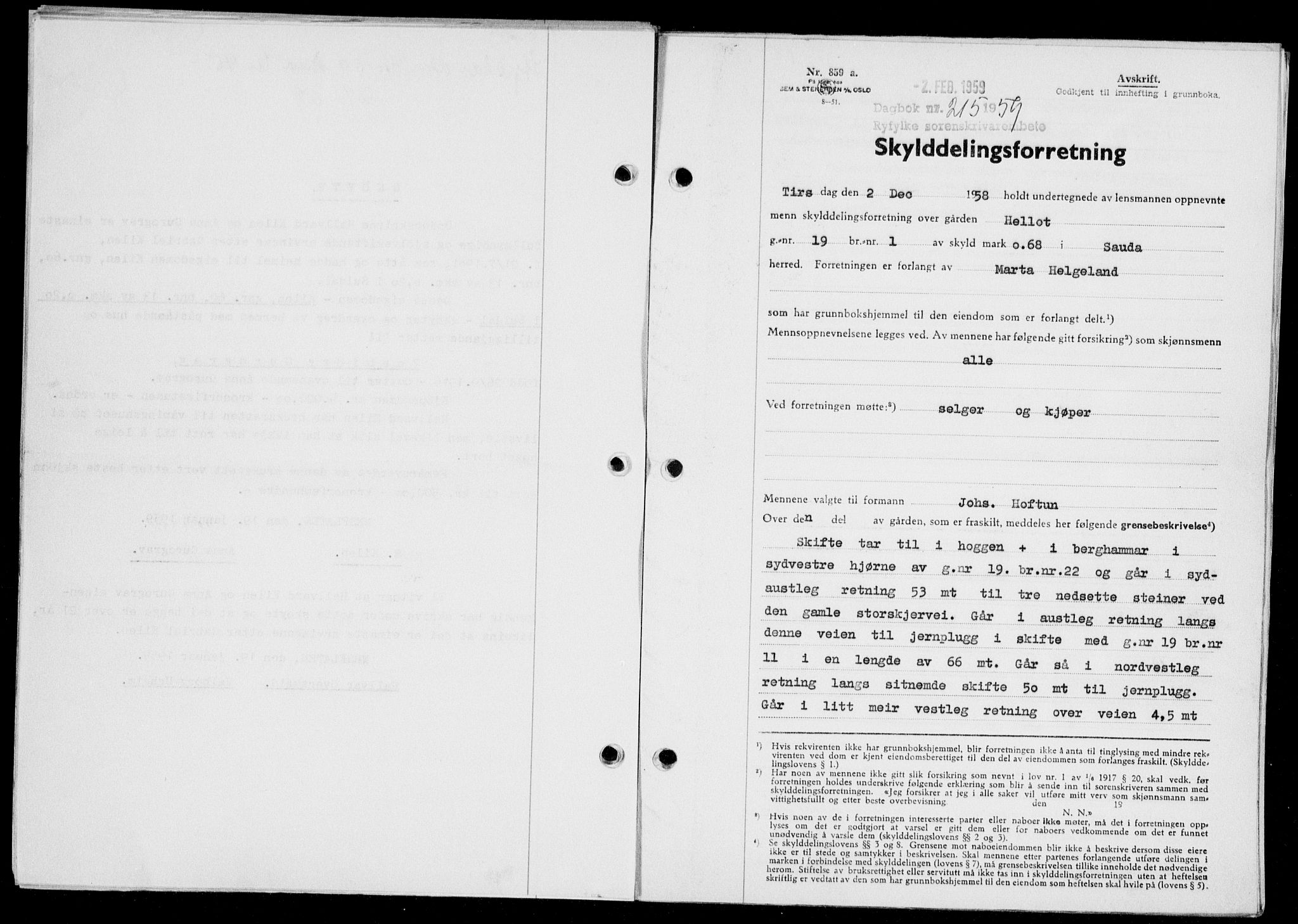 Ryfylke tingrett, SAST/A-100055/001/II/IIB/L0146: Pantebok nr. 125, 1965-1959, Dagboknr: 215/1959