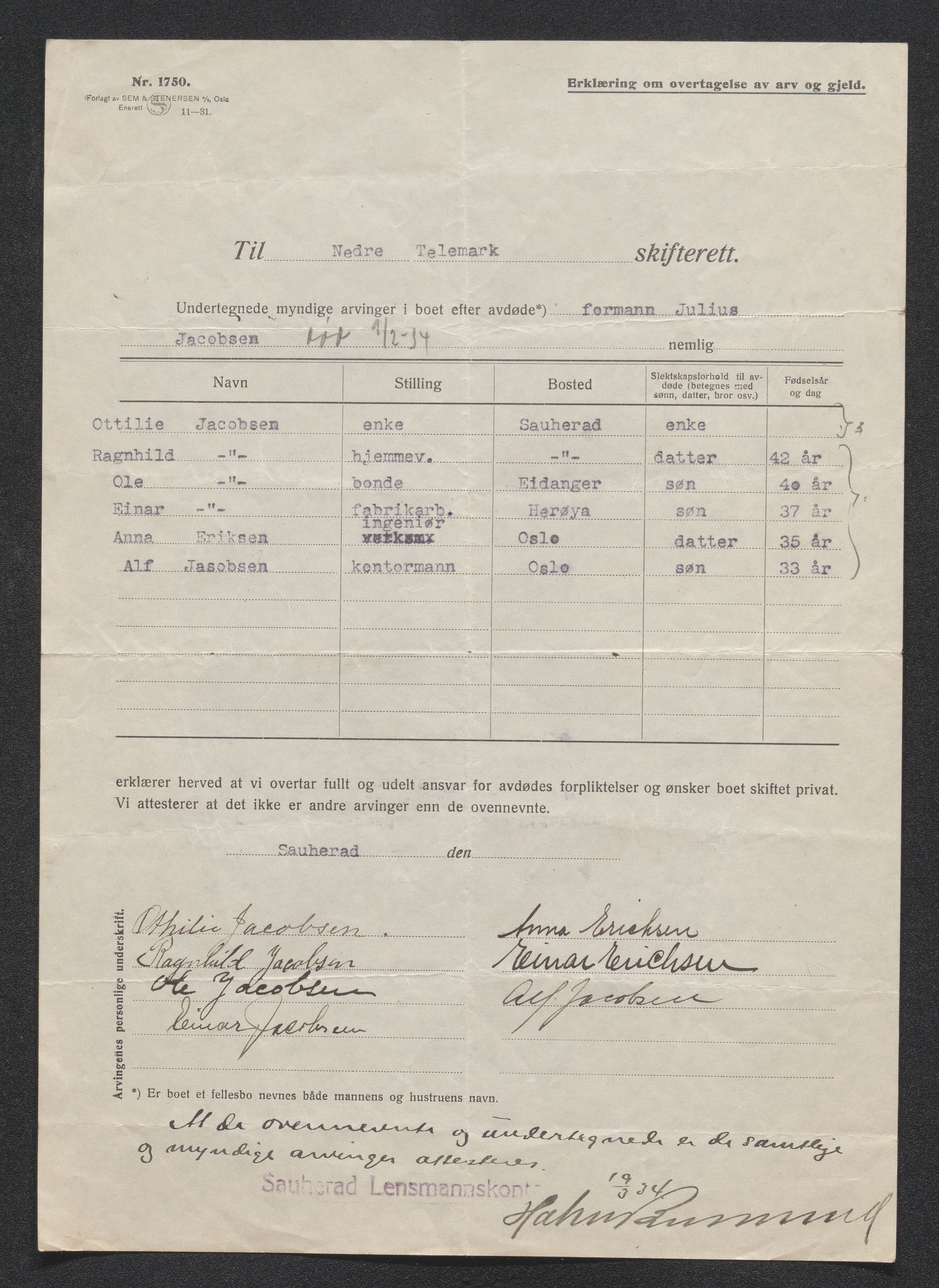 Nedre Telemark sorenskriveri, SAKO/A-135/H/Ha/Hab/L0008: Dødsfallsfortegnelser
, 1931-1935, s. 1032