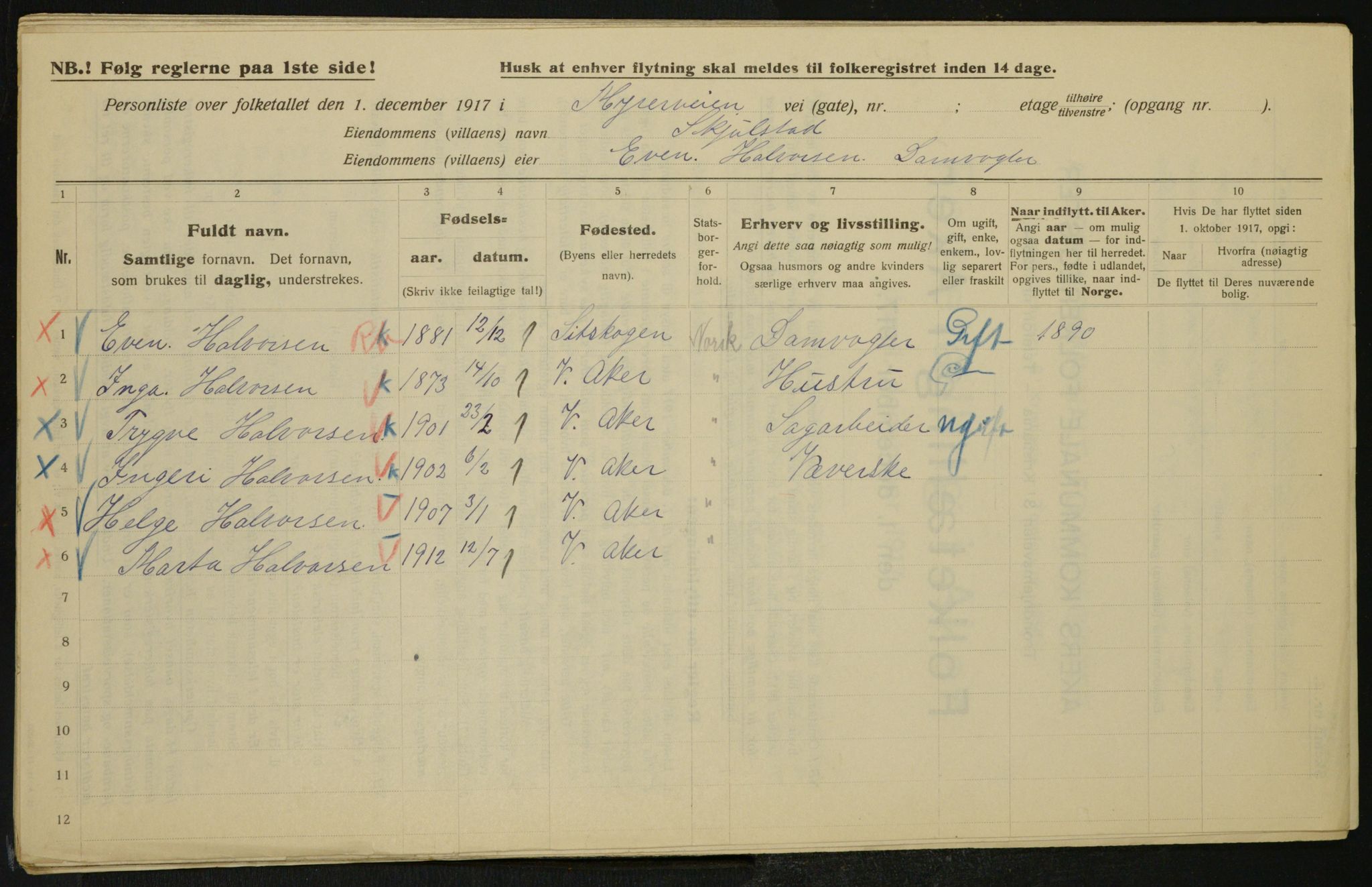 OBA, Kommunal folketelling 1.12.1917 for Aker, 1917, s. 14176