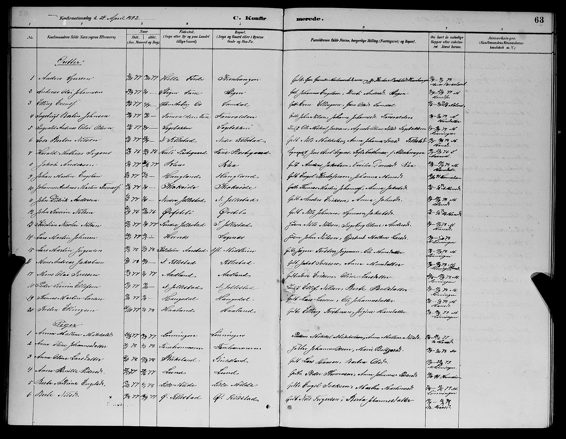 Fana Sokneprestembete, AV/SAB-A-75101/H/Hab/Haba/L0002: Klokkerbok nr. A 2, 1889-1895, s. 63