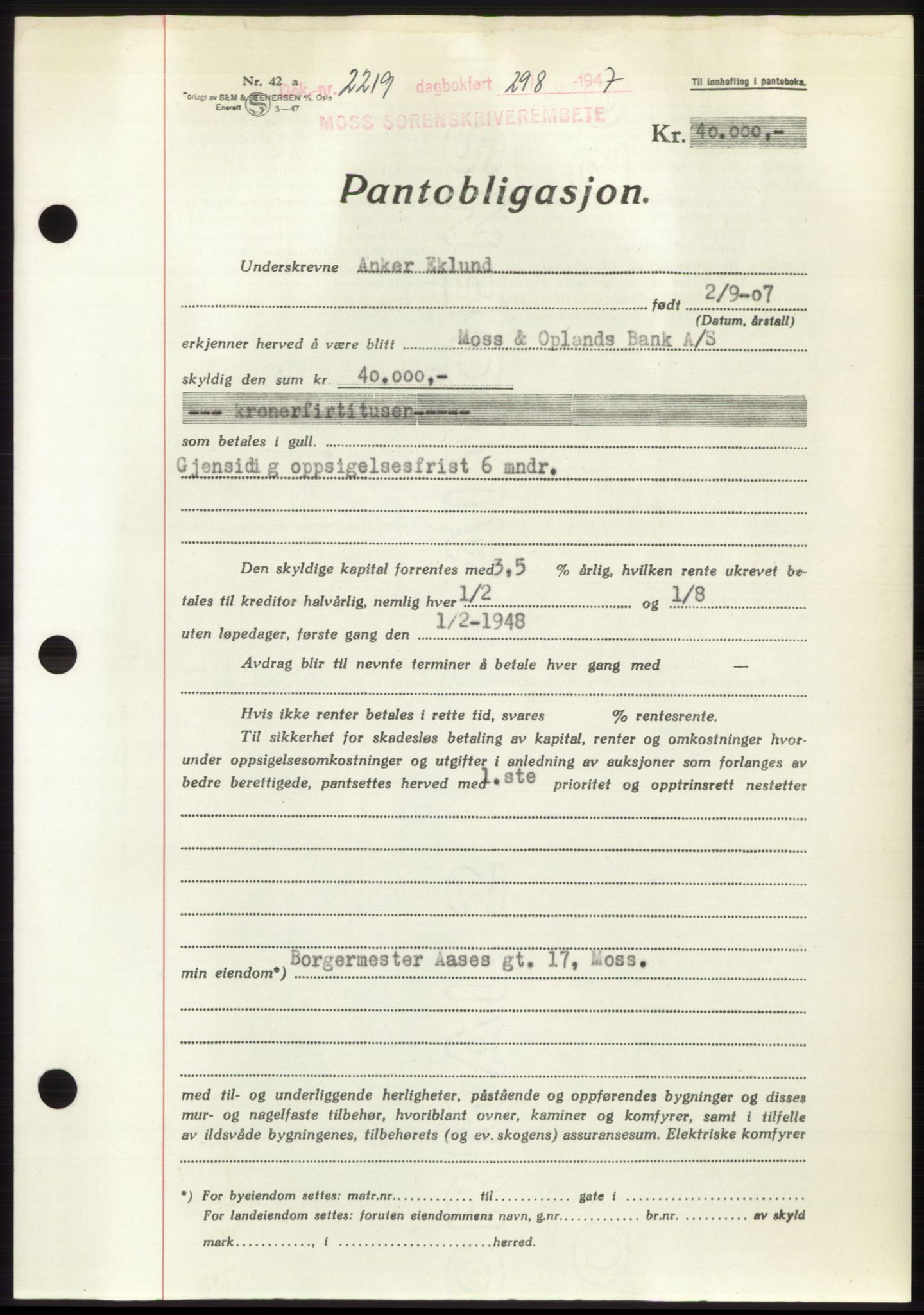 Moss sorenskriveri, SAO/A-10168: Pantebok nr. B17, 1947-1947, Dagboknr: 2219/1947