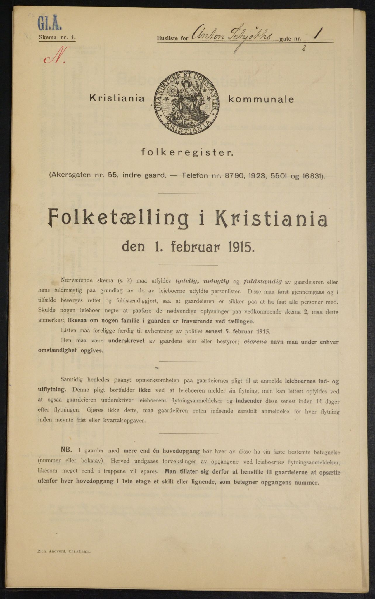 OBA, Kommunal folketelling 1.2.1915 for Kristiania, 1915, s. 1285