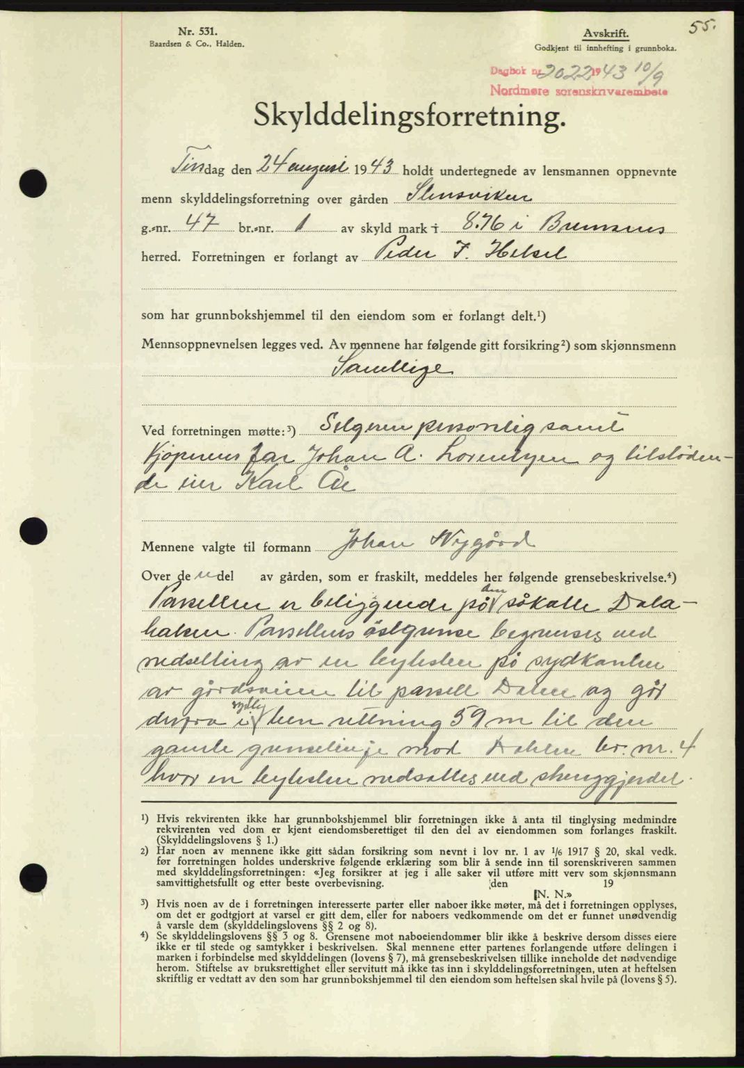 Nordmøre sorenskriveri, SAT/A-4132/1/2/2Ca: Pantebok nr. A96, 1943-1944, Dagboknr: 2022/1943