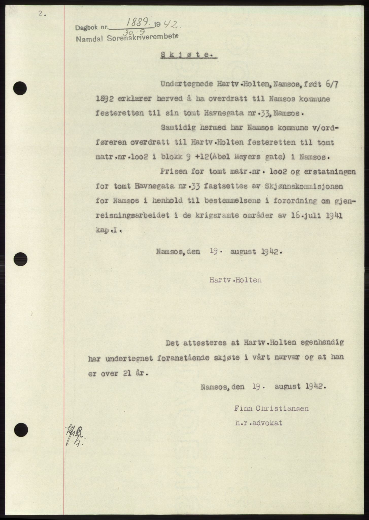 Namdal sorenskriveri, SAT/A-4133/1/2/2C: Pantebok nr. -, 1942-1943, Dagboknr: 1889/1942