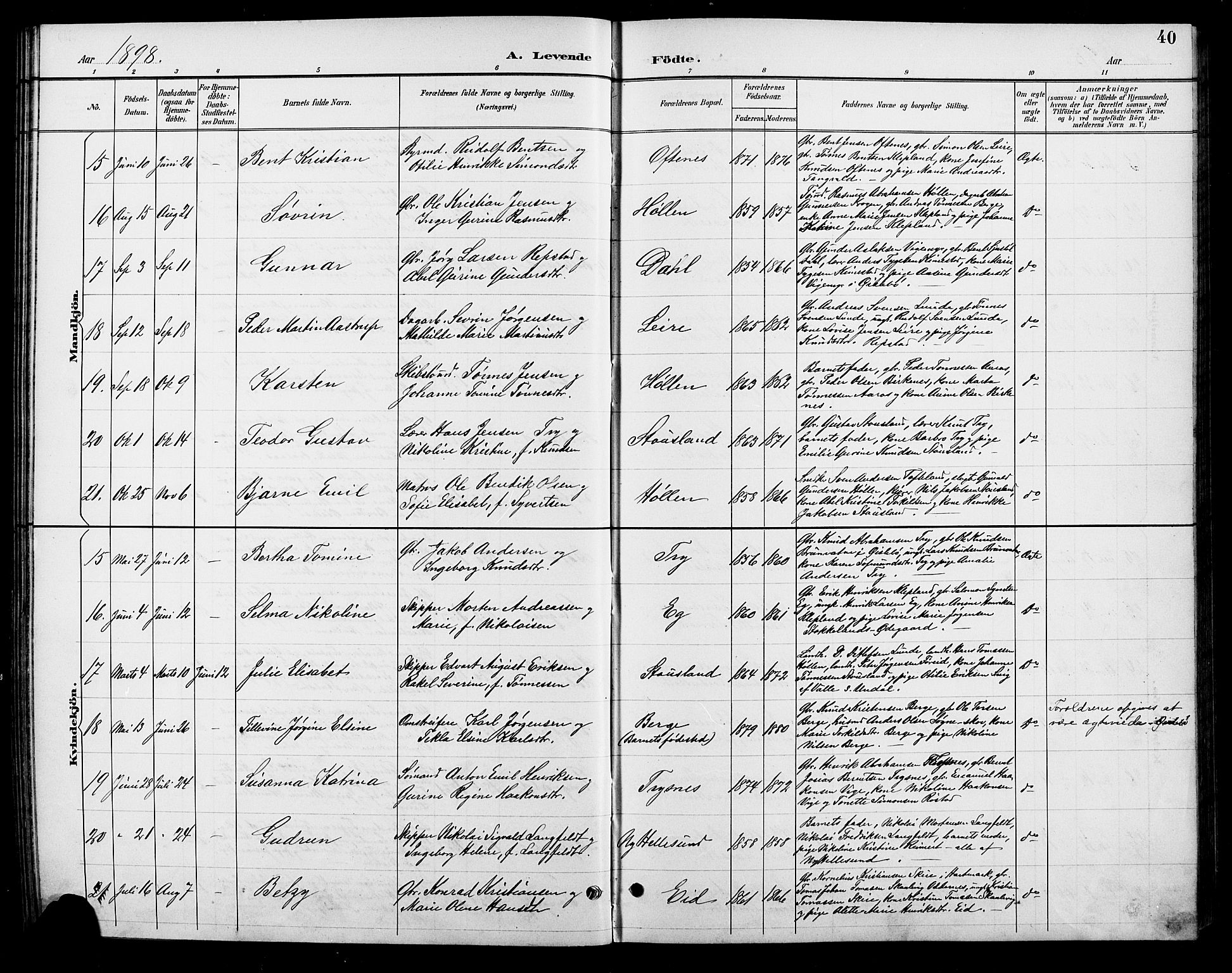 Søgne sokneprestkontor, AV/SAK-1111-0037/F/Fb/Fbb/L0006: Klokkerbok nr. B 6, 1892-1911, s. 40