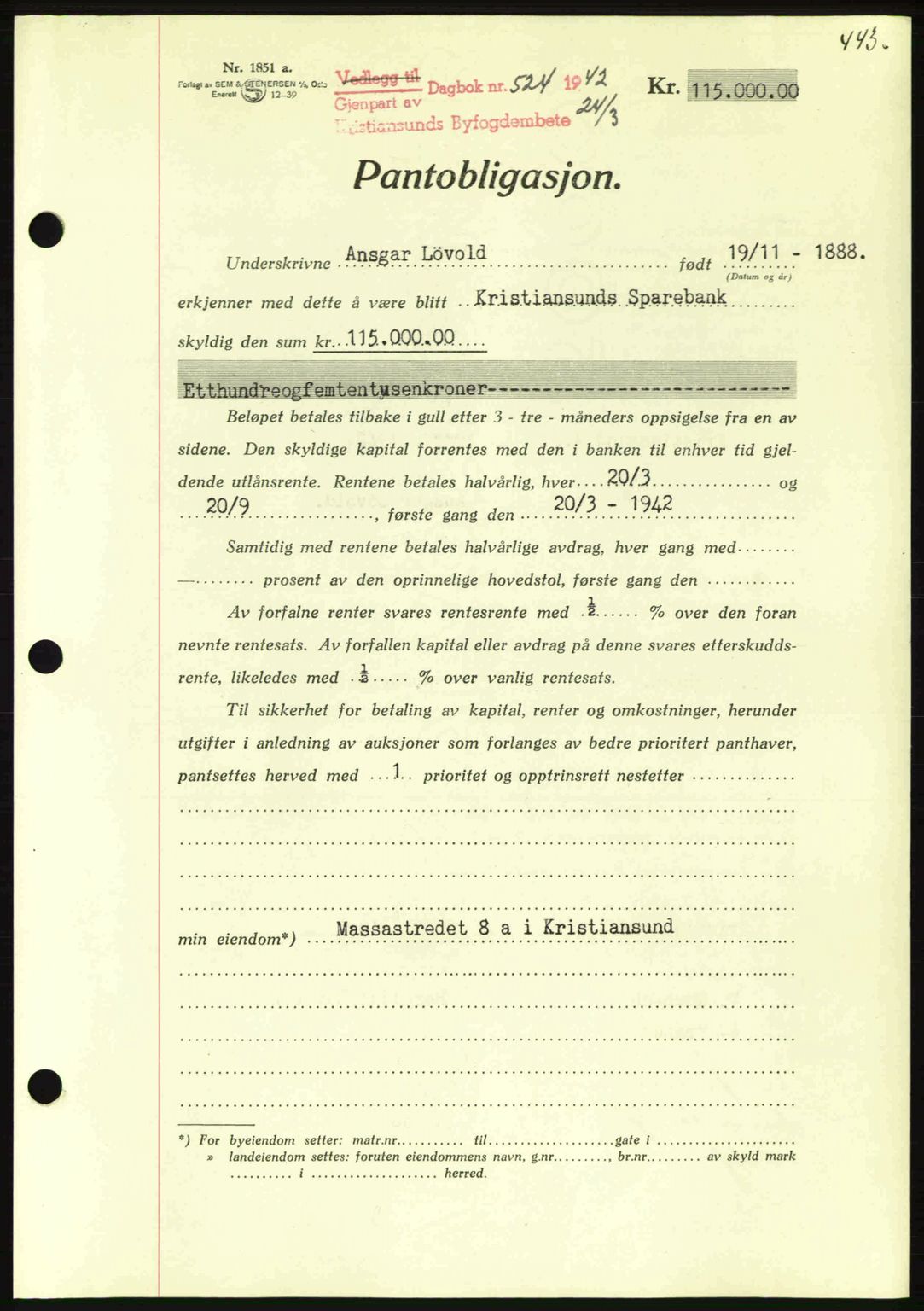 Kristiansund byfogd, AV/SAT-A-4587/A/27: Pantebok nr. 35, 1941-1942, Dagboknr: 524/1942