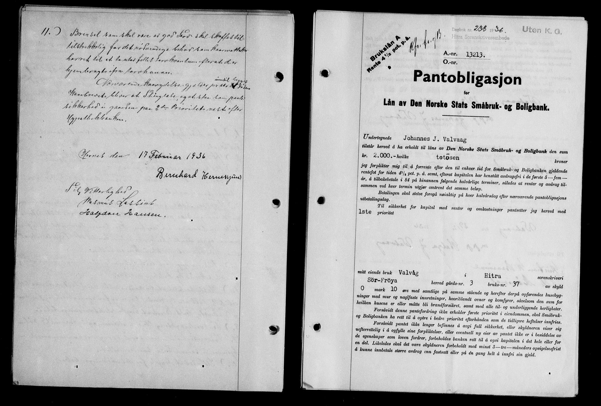 Hitra sorenskriveri, AV/SAT-A-0018/2/2C/2Ca/L0028: Pantebok nr. B-1, 1936-1939, Dagboknr: 238/1936