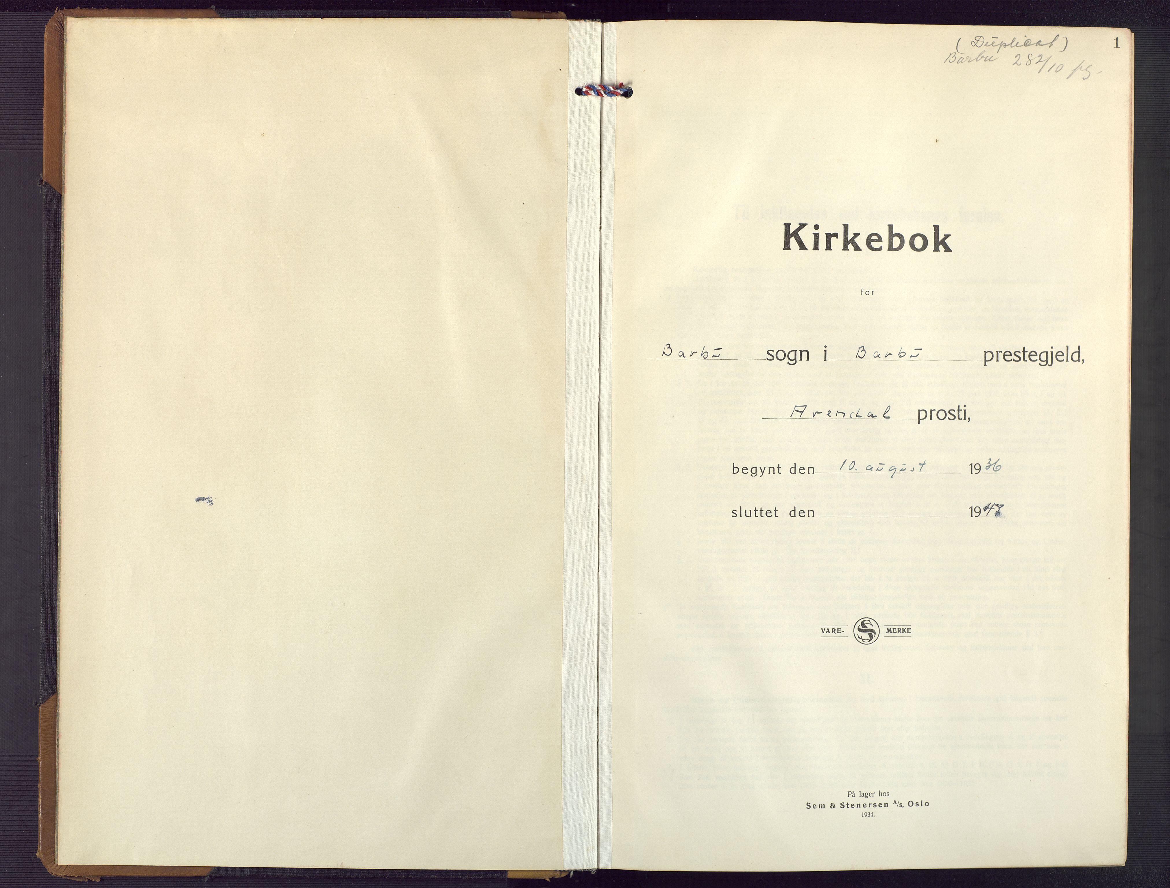 Barbu sokneprestkontor, SAK/1111-0003/F/Fb/L0006: Klokkerbok nr. B 6, 1937-1947, s. 1