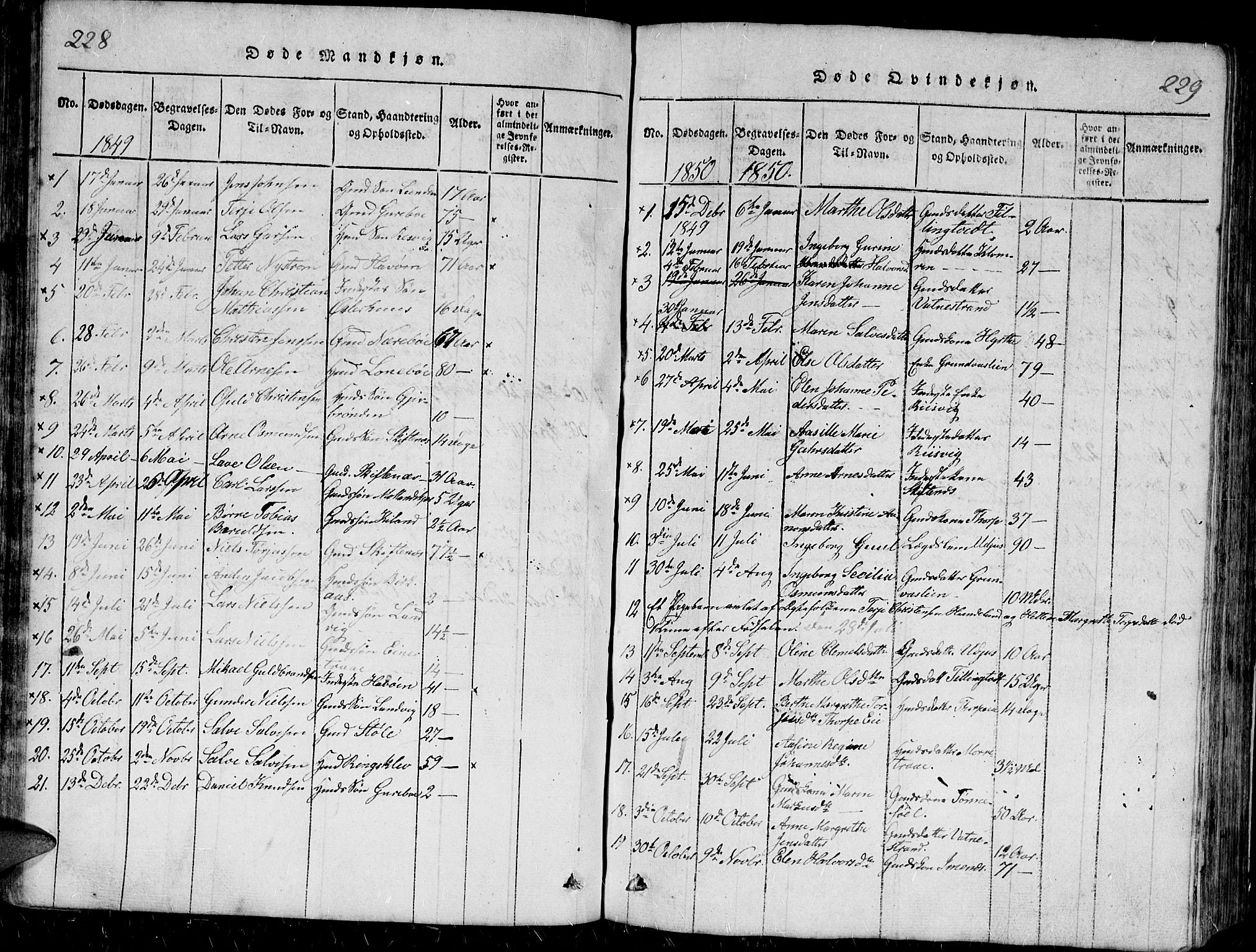 Hommedal sokneprestkontor, AV/SAK-1111-0023/F/Fb/Fbb/L0003: Klokkerbok nr. B 3 /1, 1816-1850, s. 228-229