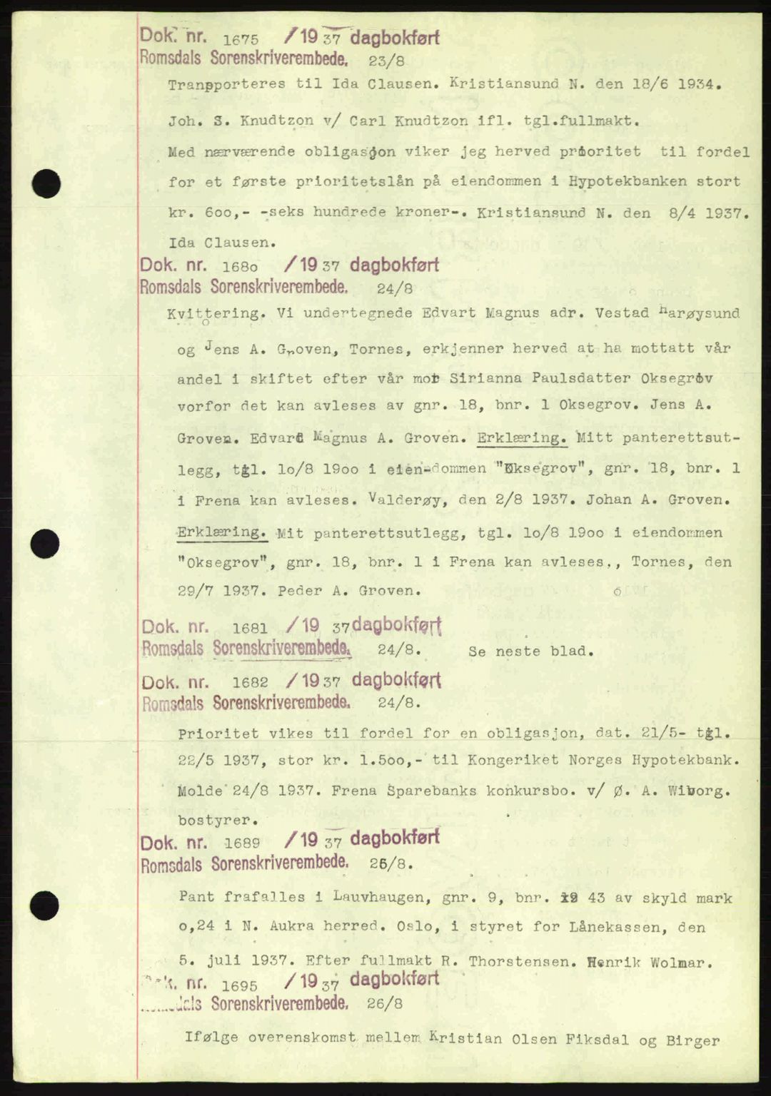 Romsdal sorenskriveri, AV/SAT-A-4149/1/2/2C: Pantebok nr. C1a, 1936-1945, Dagboknr: 1676/1937