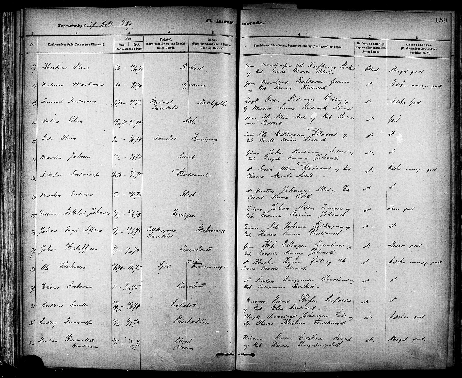 Ministerialprotokoller, klokkerbøker og fødselsregistre - Sør-Trøndelag, SAT/A-1456/647/L0634: Ministerialbok nr. 647A01, 1885-1896, s. 159