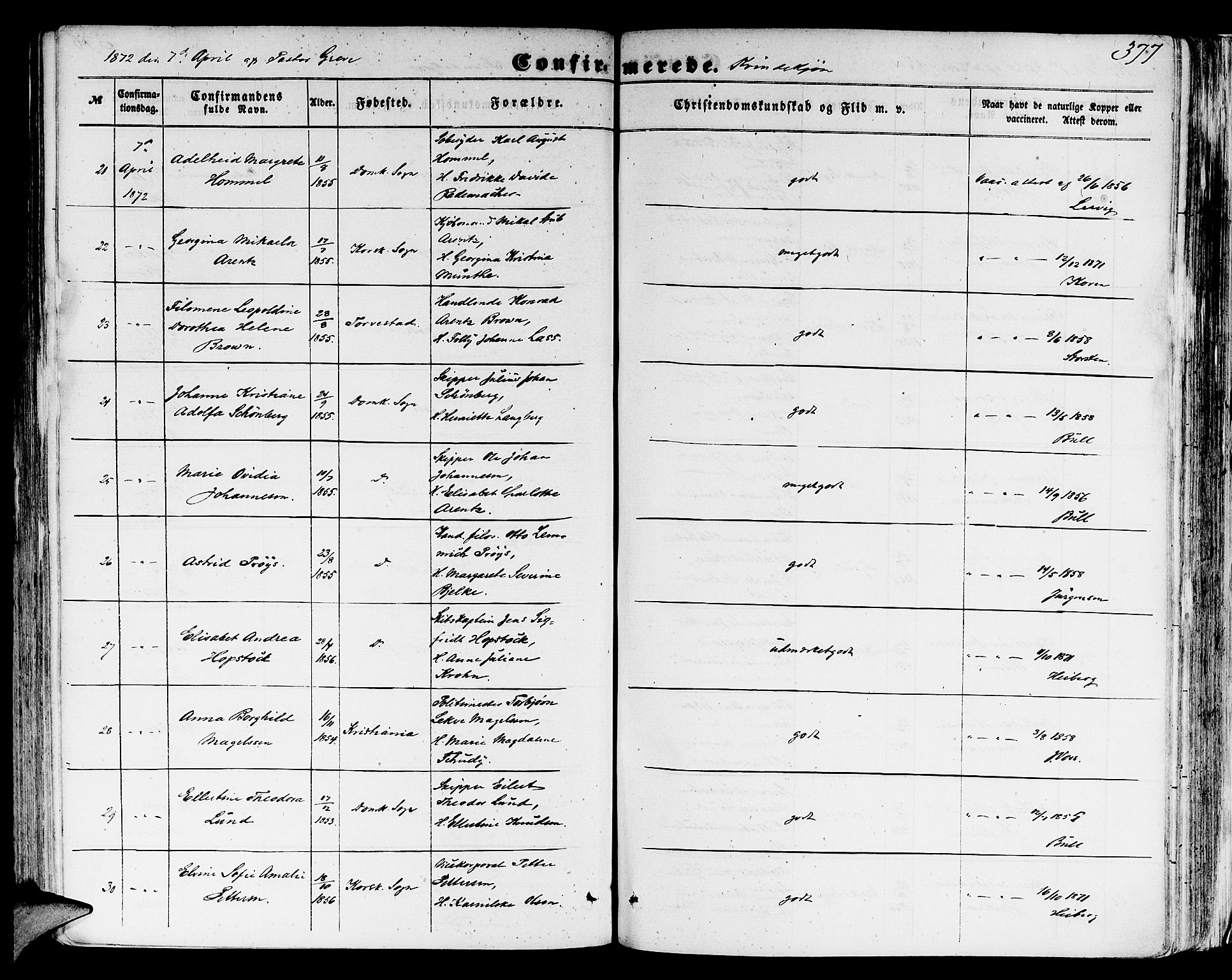 Domkirken sokneprestembete, AV/SAB-A-74801/H/Hab/L0023: Klokkerbok nr. C 3, 1854-1880, s. 377