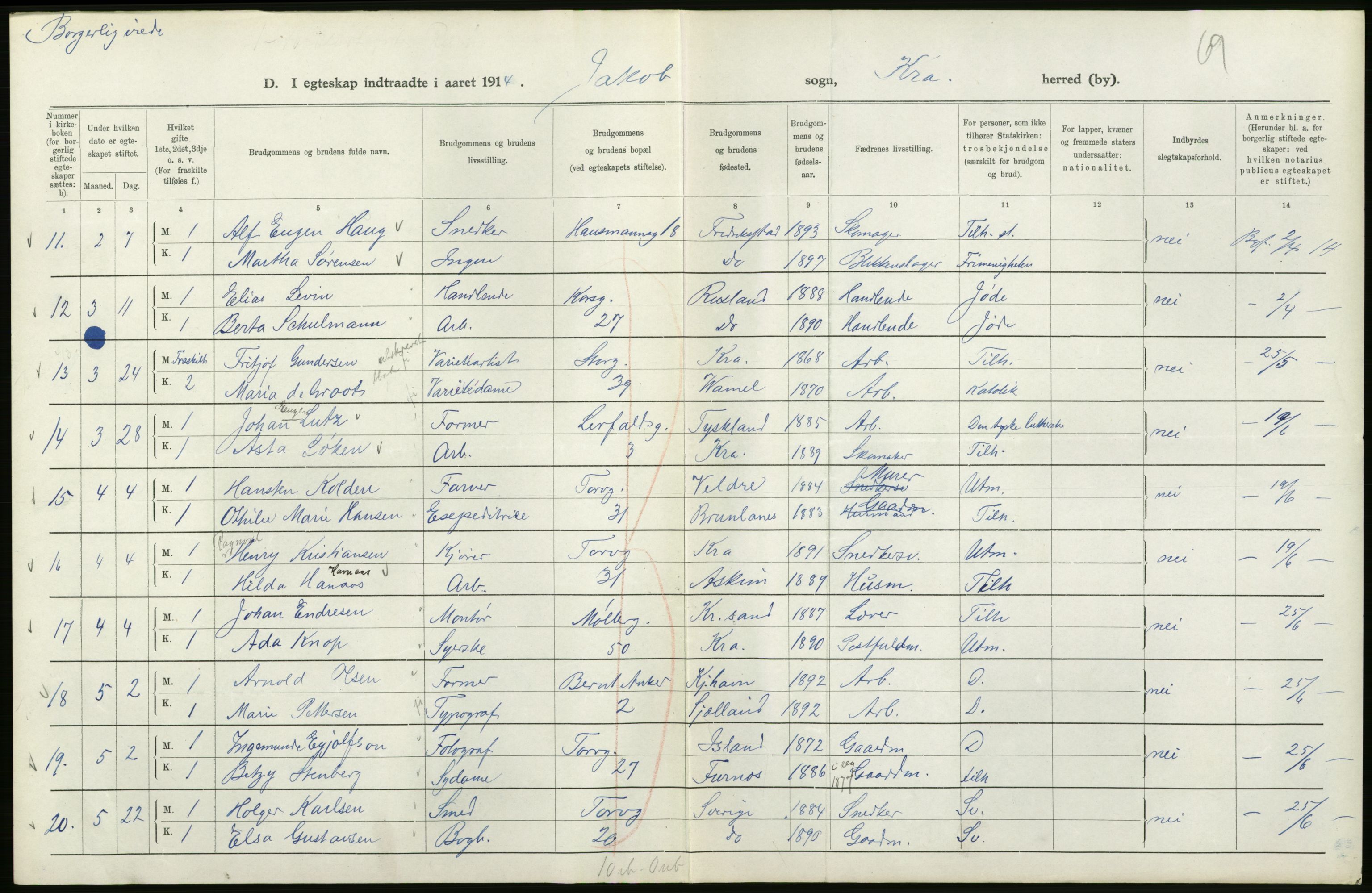 Statistisk sentralbyrå, Sosiodemografiske emner, Befolkning, AV/RA-S-2228/D/Df/Dfb/Dfbd/L0007: Kristiania: Gifte, 1914, s. 8