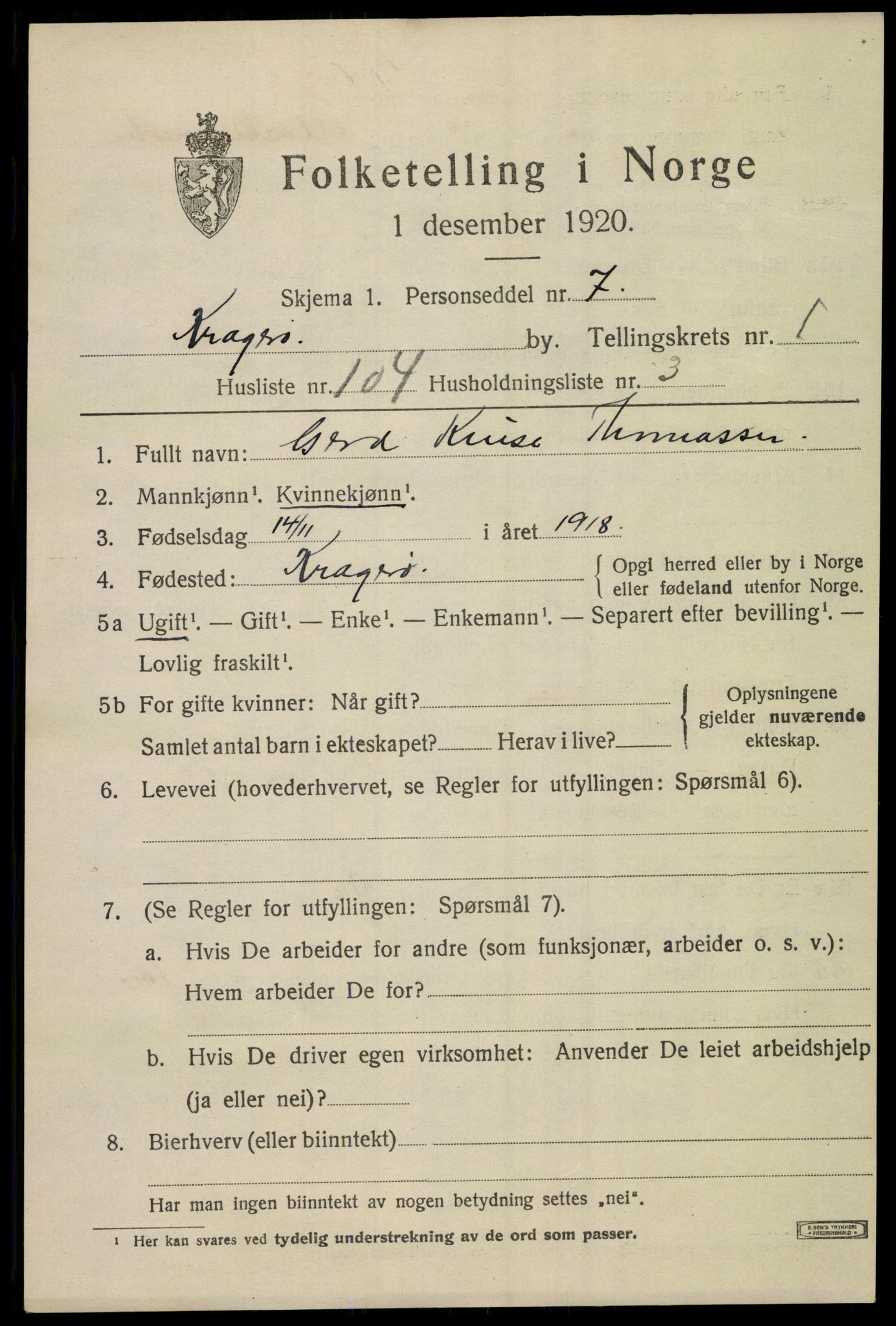 SAKO, Folketelling 1920 for 0801 Kragerø kjøpstad, 1920, s. 5323