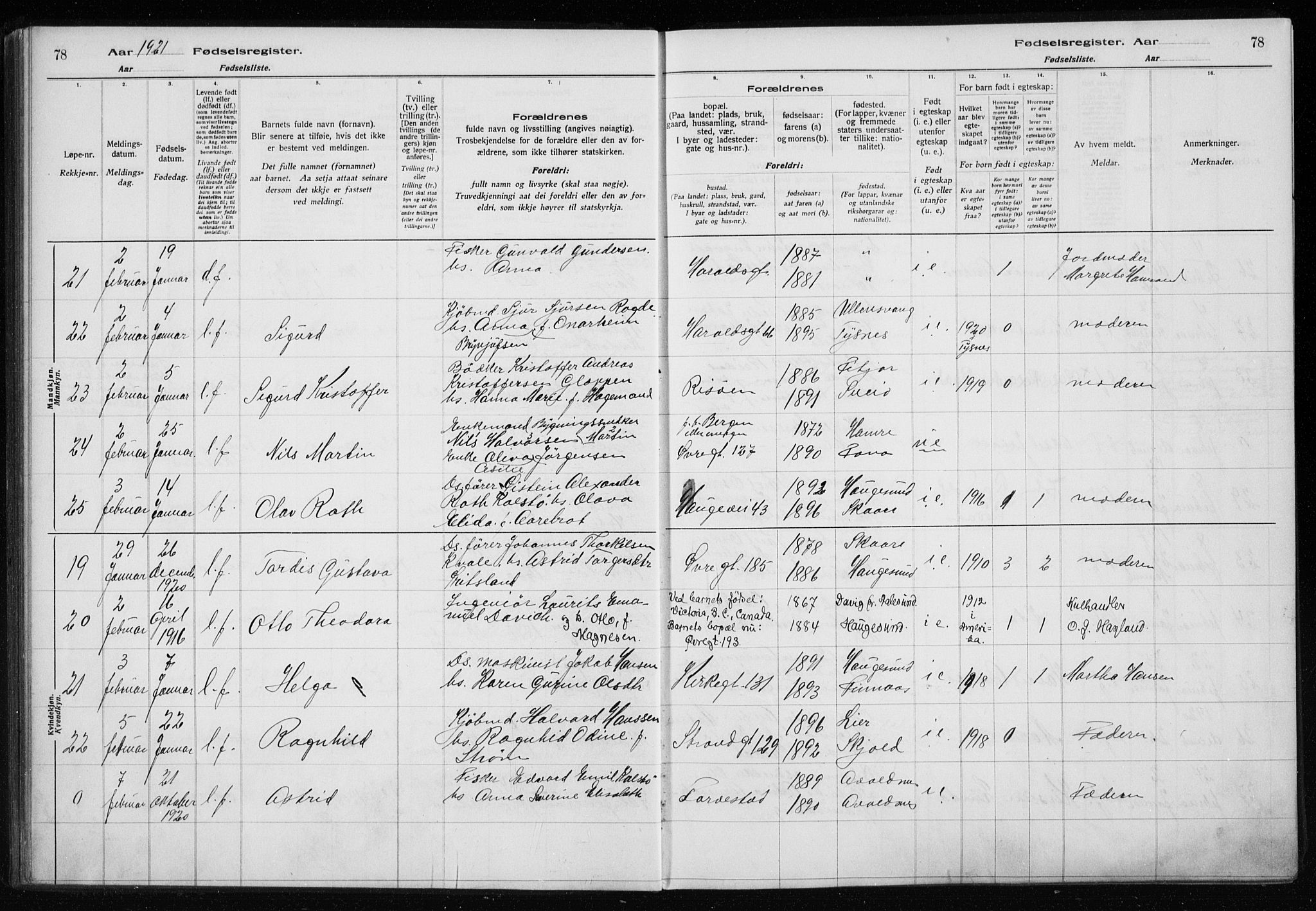 Haugesund sokneprestkontor, AV/SAST-A -101863/I/Id/L0004: Fødselsregister nr. 2, 1919-1923, s. 78