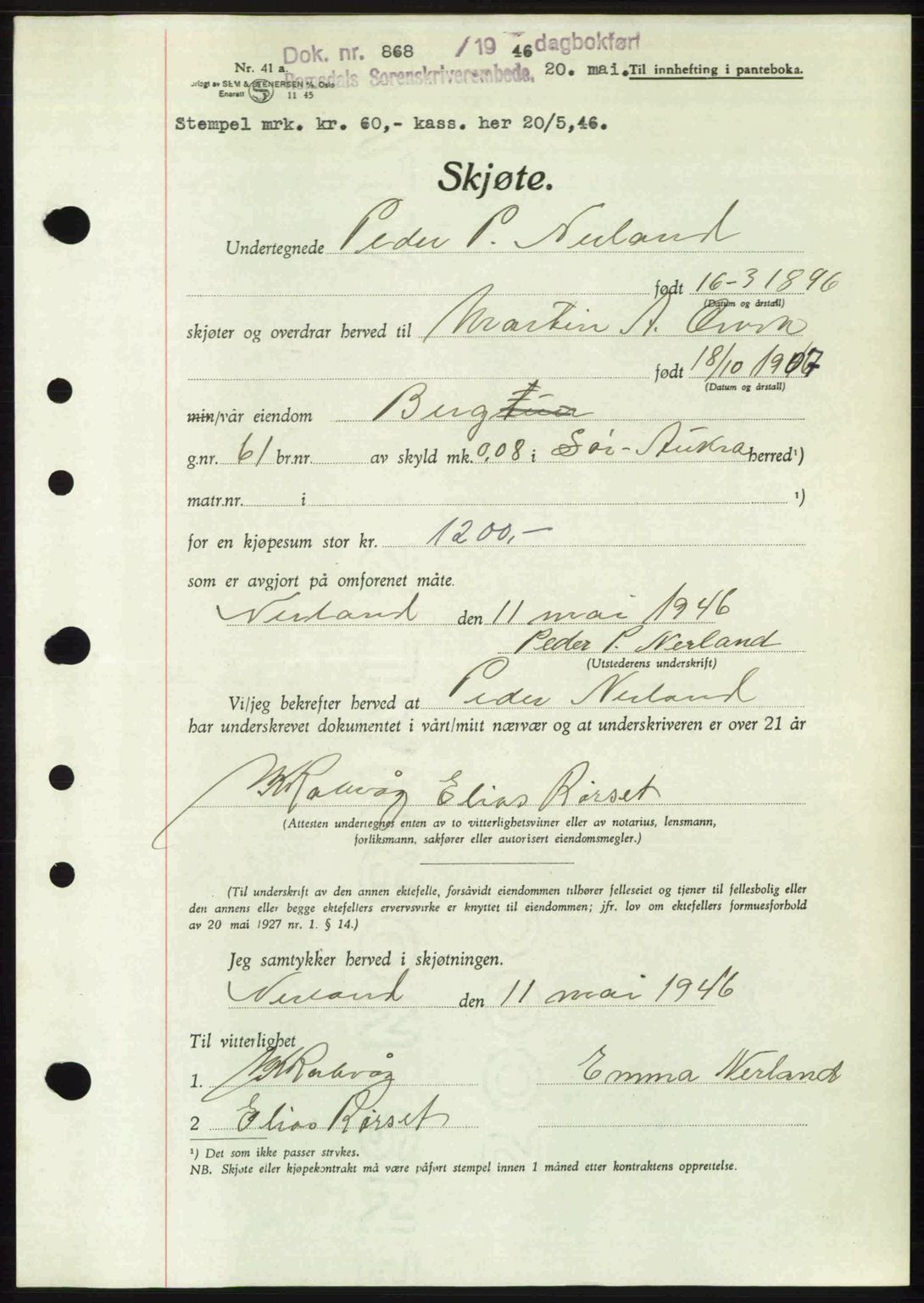 Romsdal sorenskriveri, SAT/A-4149/1/2/2C: Pantebok nr. A19, 1946-1946, Dagboknr: 868/1946