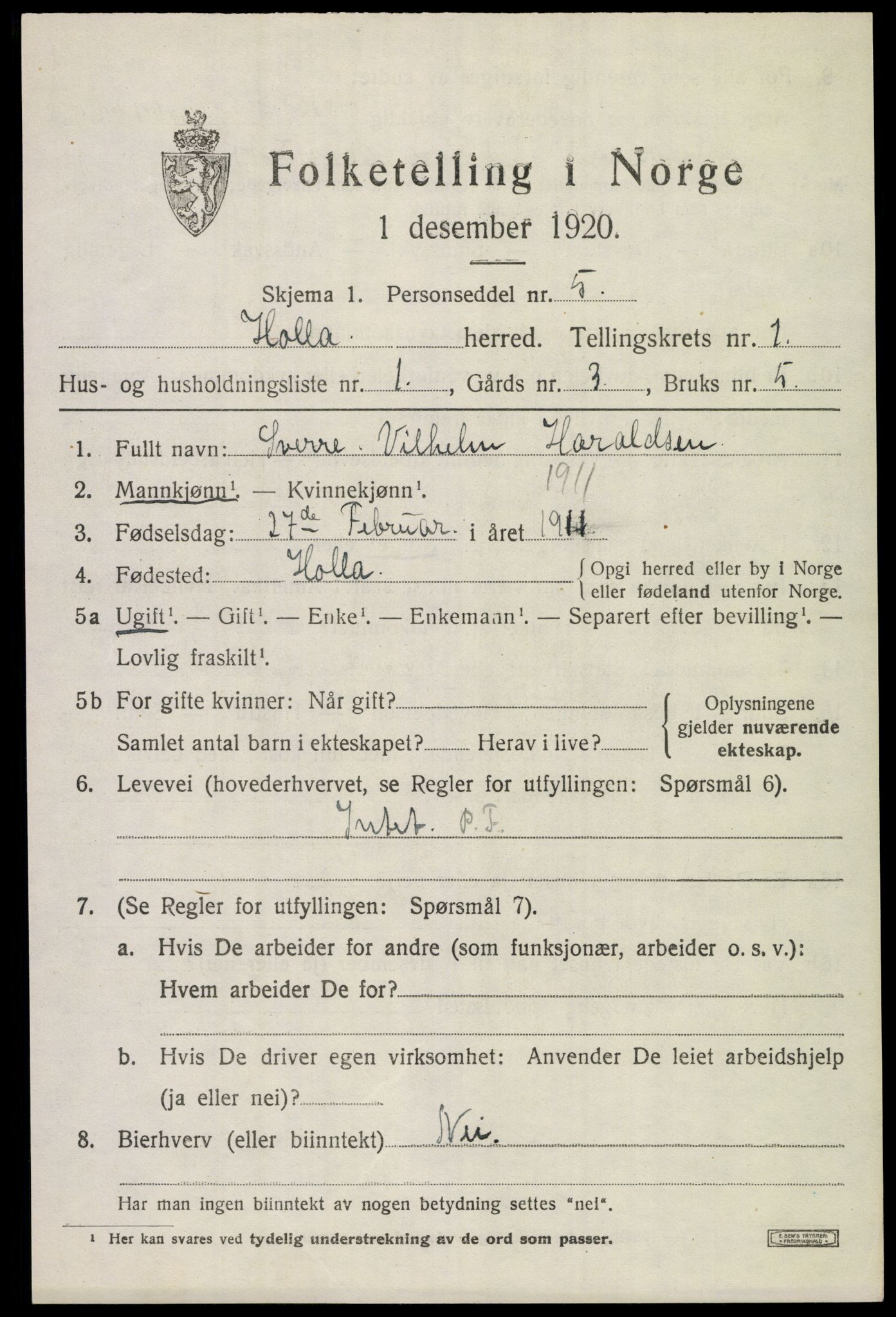 SAKO, Folketelling 1920 for 0819 Holla herred, 1920, s. 1403