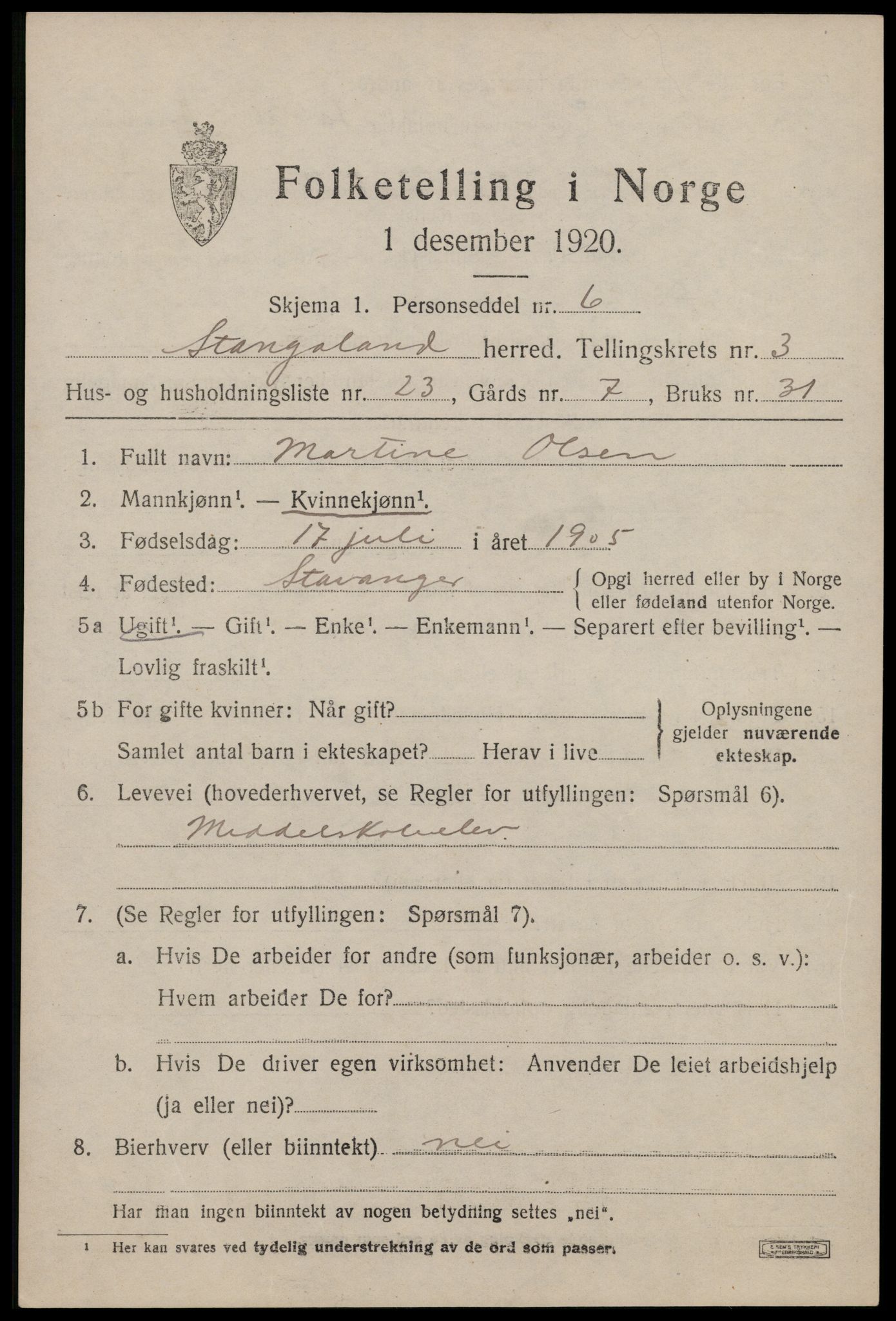 SAST, Folketelling 1920 for 1148 Stangaland herred, 1920, s. 2469