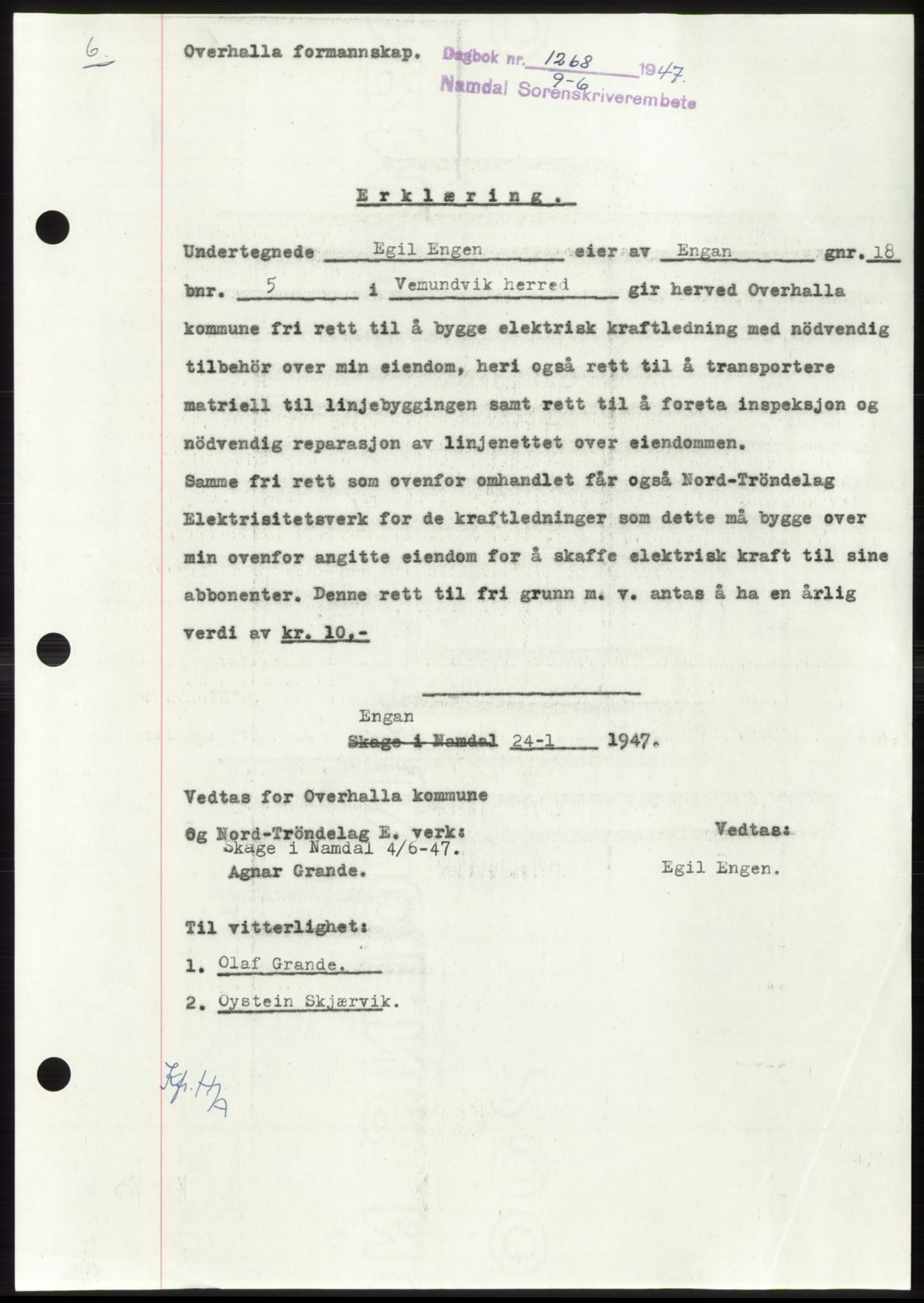 Namdal sorenskriveri, SAT/A-4133/1/2/2C: Pantebok nr. -, 1947-1947, Dagboknr: 1268/1947