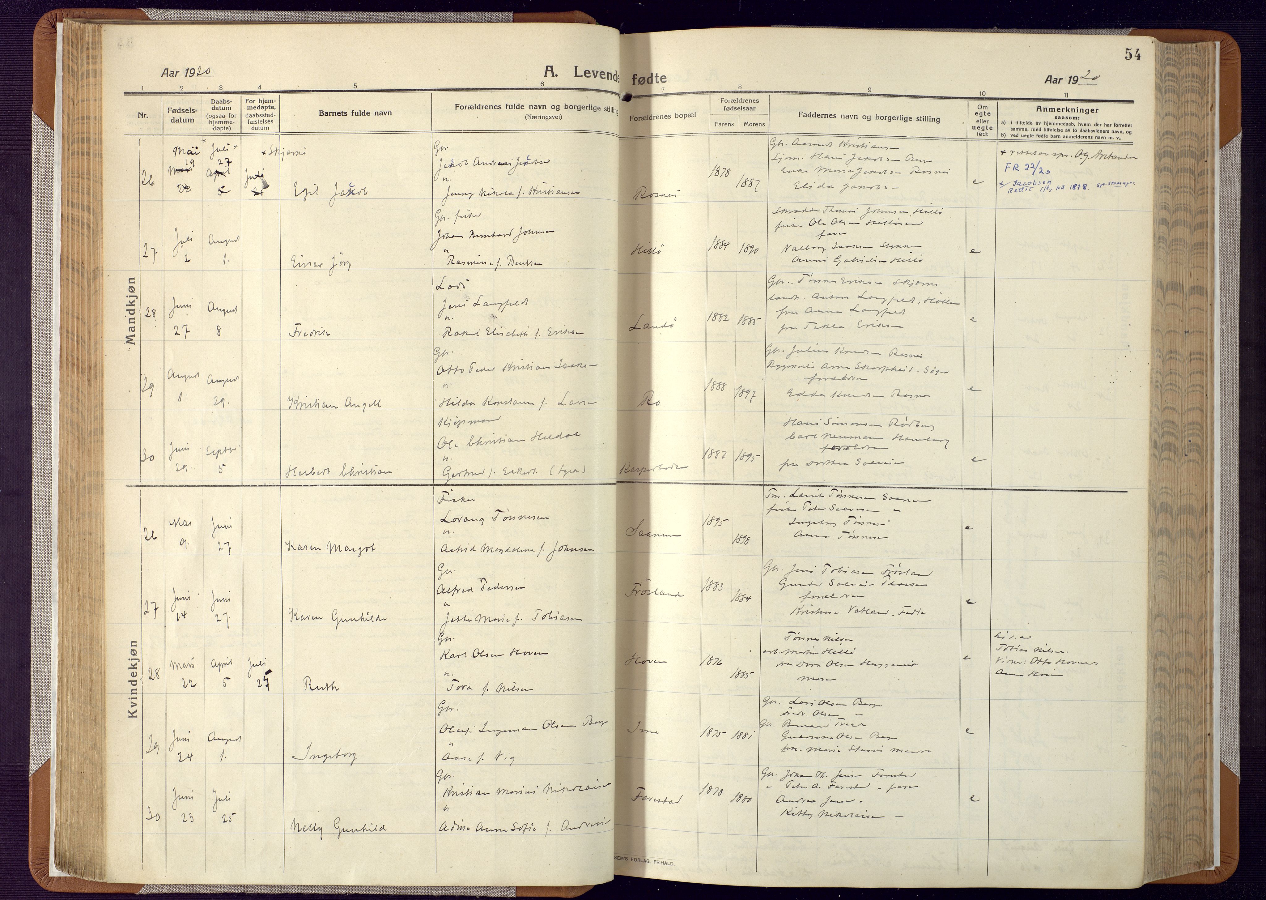 Mandal sokneprestkontor, SAK/1111-0030/F/Fa/Faa/L0022: Ministerialbok nr. A 22, 1913-1925, s. 54