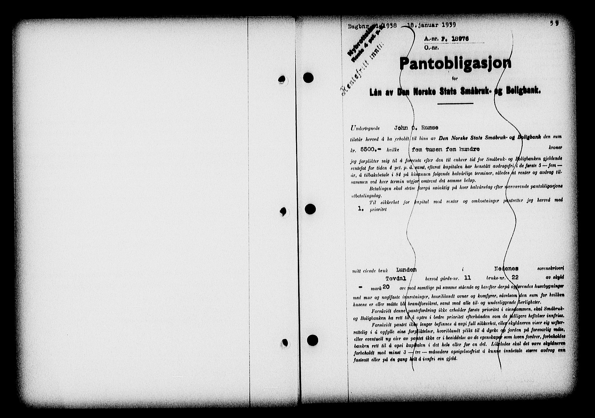 Nedenes sorenskriveri, SAK/1221-0006/G/Gb/Gba/L0046: Pantebok nr. 42, 1938-1939, Dagboknr: 41/1939
