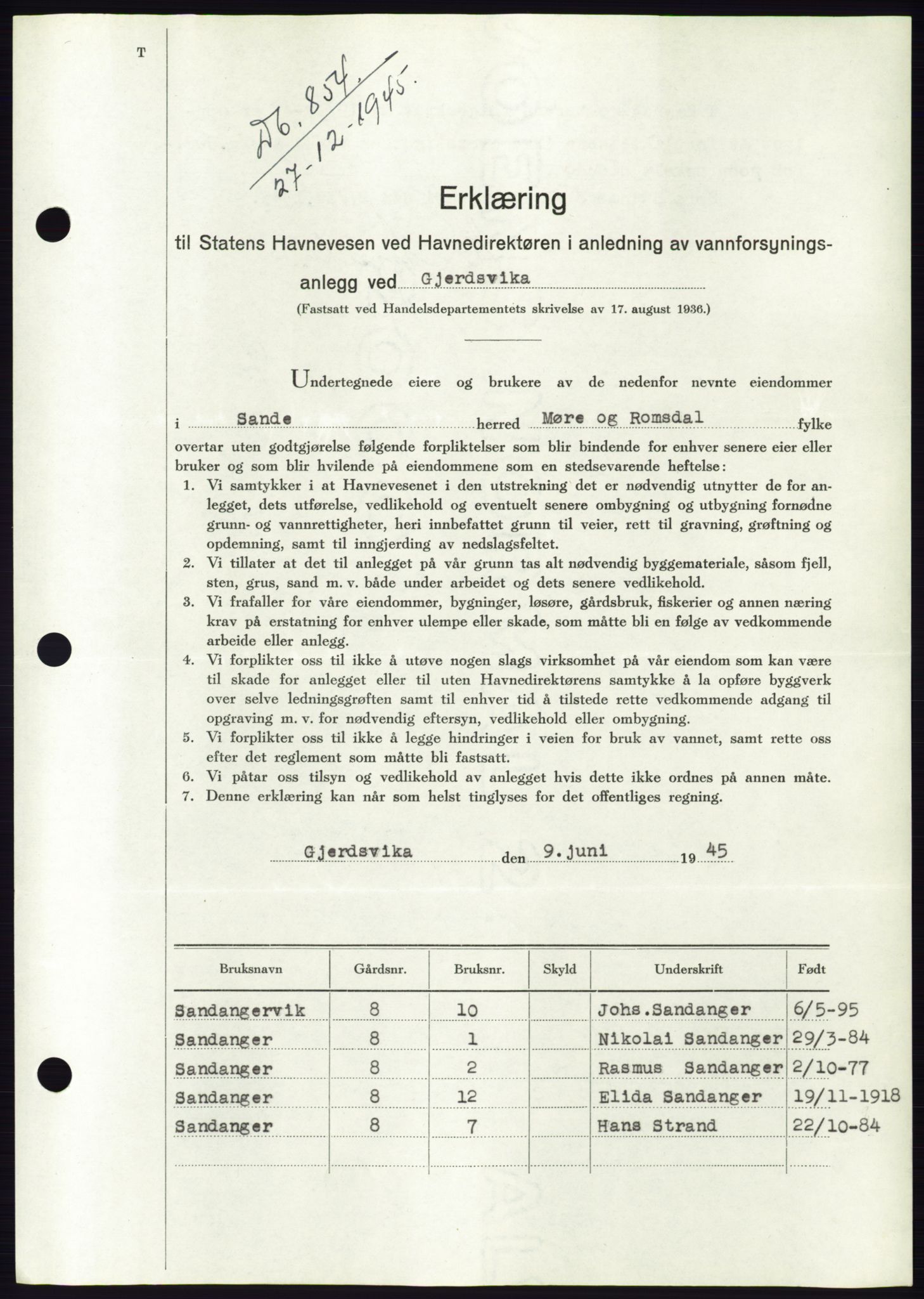 Søre Sunnmøre sorenskriveri, SAT/A-4122/1/2/2C/L0077: Pantebok nr. 3A, 1945-1946, Dagboknr: 854/1945