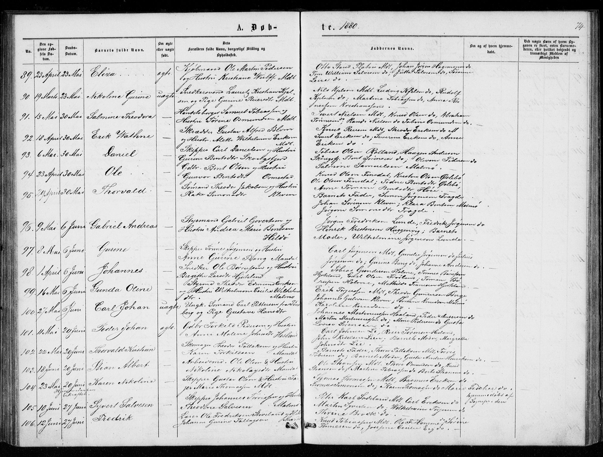Mandal sokneprestkontor, AV/SAK-1111-0030/F/Fb/Fba/L0010: Klokkerbok nr. B 4, 1876-1880, s. 74