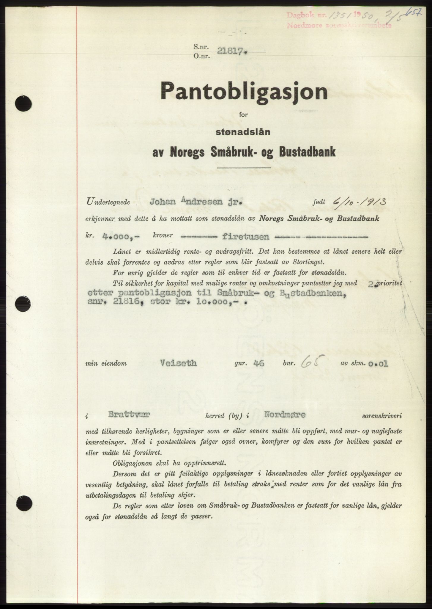 Nordmøre sorenskriveri, AV/SAT-A-4132/1/2/2Ca: Pantebok nr. B104, 1950-1950, Dagboknr: 1351/1950