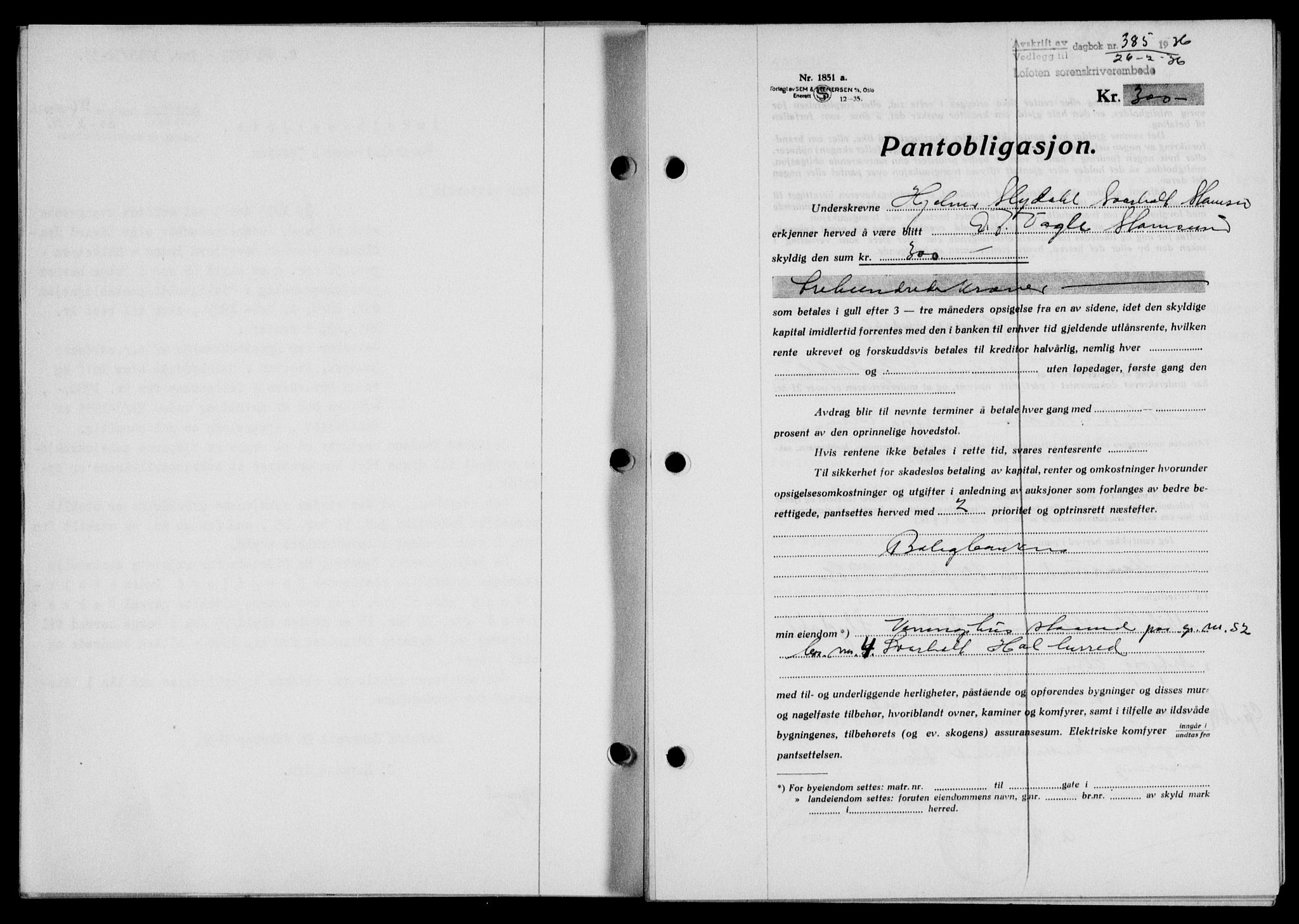 Lofoten sorenskriveri, SAT/A-0017/1/2/2C/L0033b: Pantebok nr. 33b, 1936-1936, Dagboknr: 385/1936