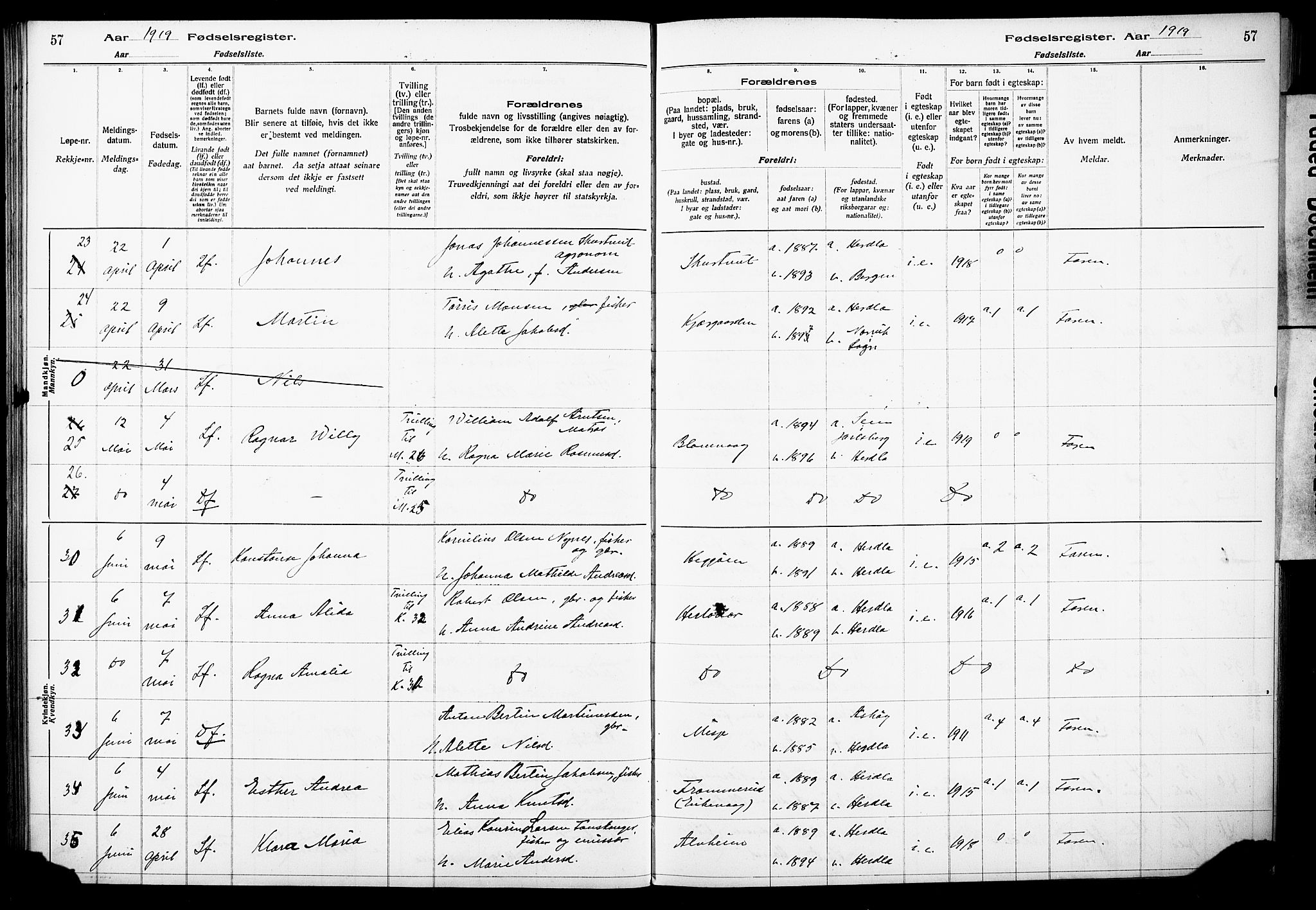 Herdla Sokneprestembete, AV/SAB-A-75701/I/Id/L00A1: Fødselsregister nr. A 1, 1916-1929, s. 57