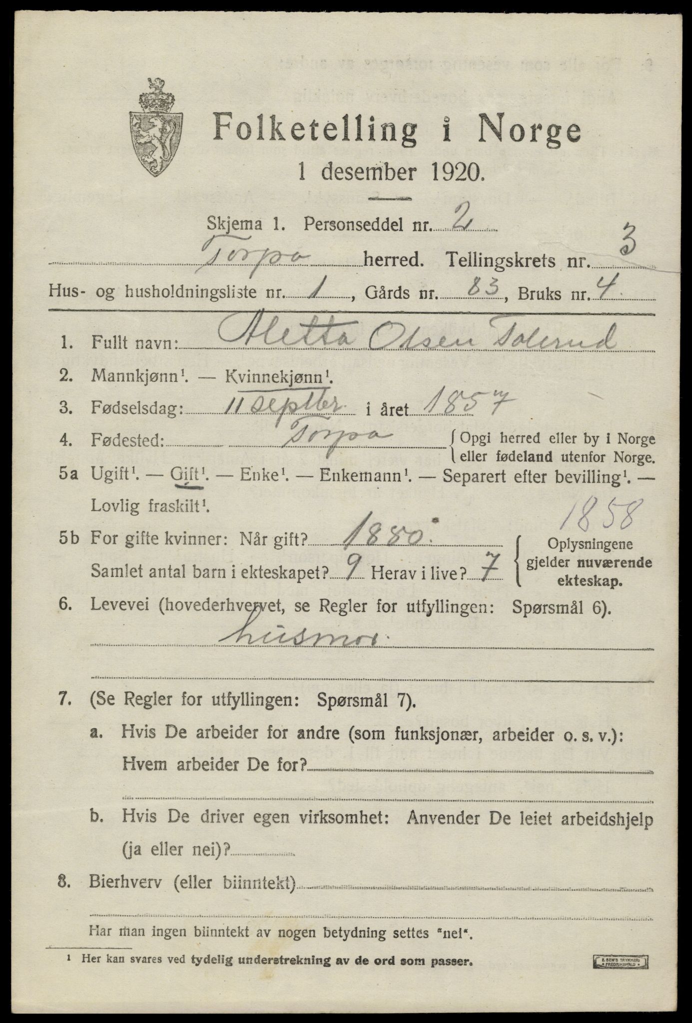 SAH, Folketelling 1920 for 0539 Torpa herred, 1920, s. 2255