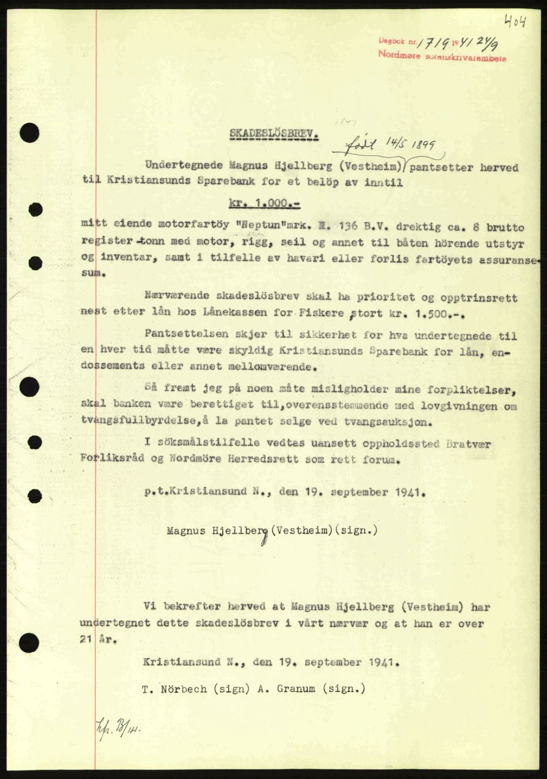 Nordmøre sorenskriveri, SAT/A-4132/1/2/2Ca: Pantebok nr. B88, 1941-1942, Dagboknr: 1719/1941