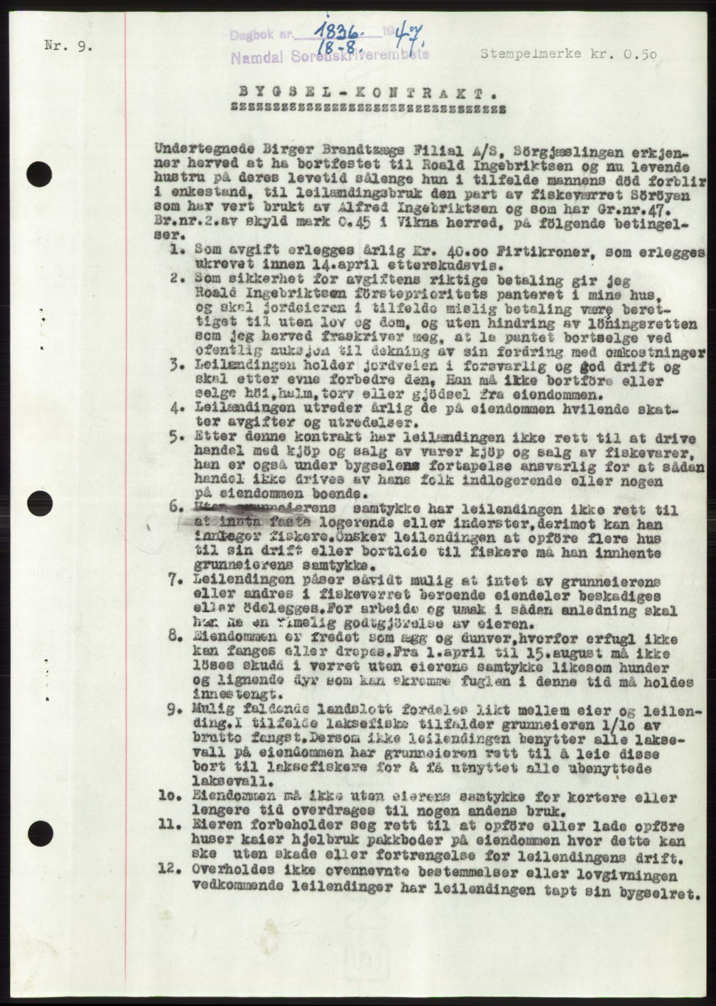Namdal sorenskriveri, SAT/A-4133/1/2/2C: Pantebok nr. -, 1947-1947, Dagboknr: 1836/1947