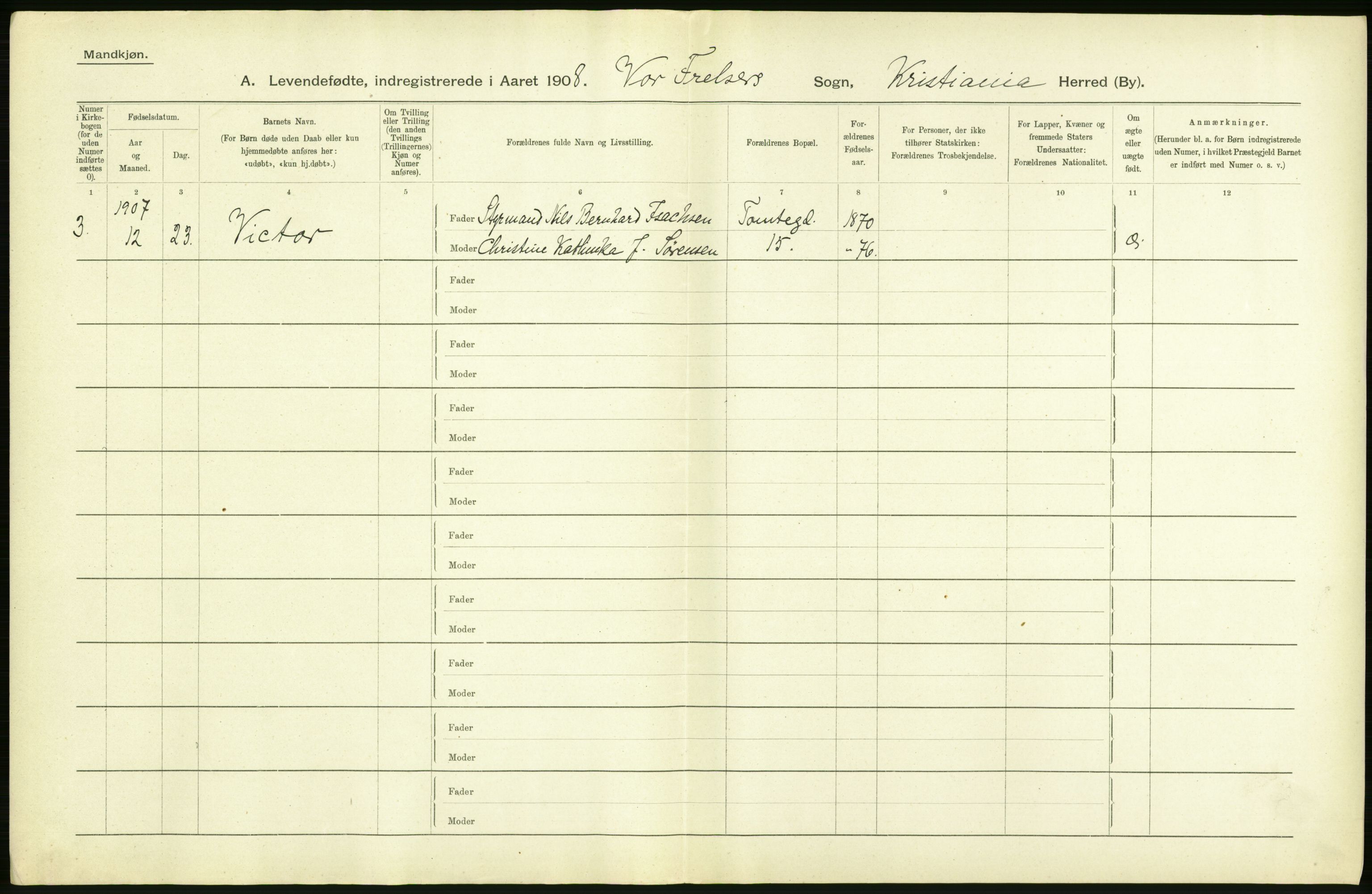 Statistisk sentralbyrå, Sosiodemografiske emner, Befolkning, AV/RA-S-2228/D/Df/Dfa/Dfaf/L0005: Kristiania: Levendefødte menn og kvinner., 1908, s. 286