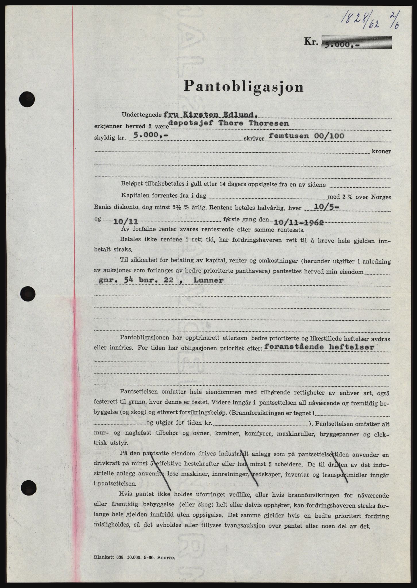 Hadeland og Land tingrett, AV/SAH-TING-010/H/Hb/Hbc/L0048: Pantebok nr. B48, 1962-1962, Dagboknr: 1828/1962