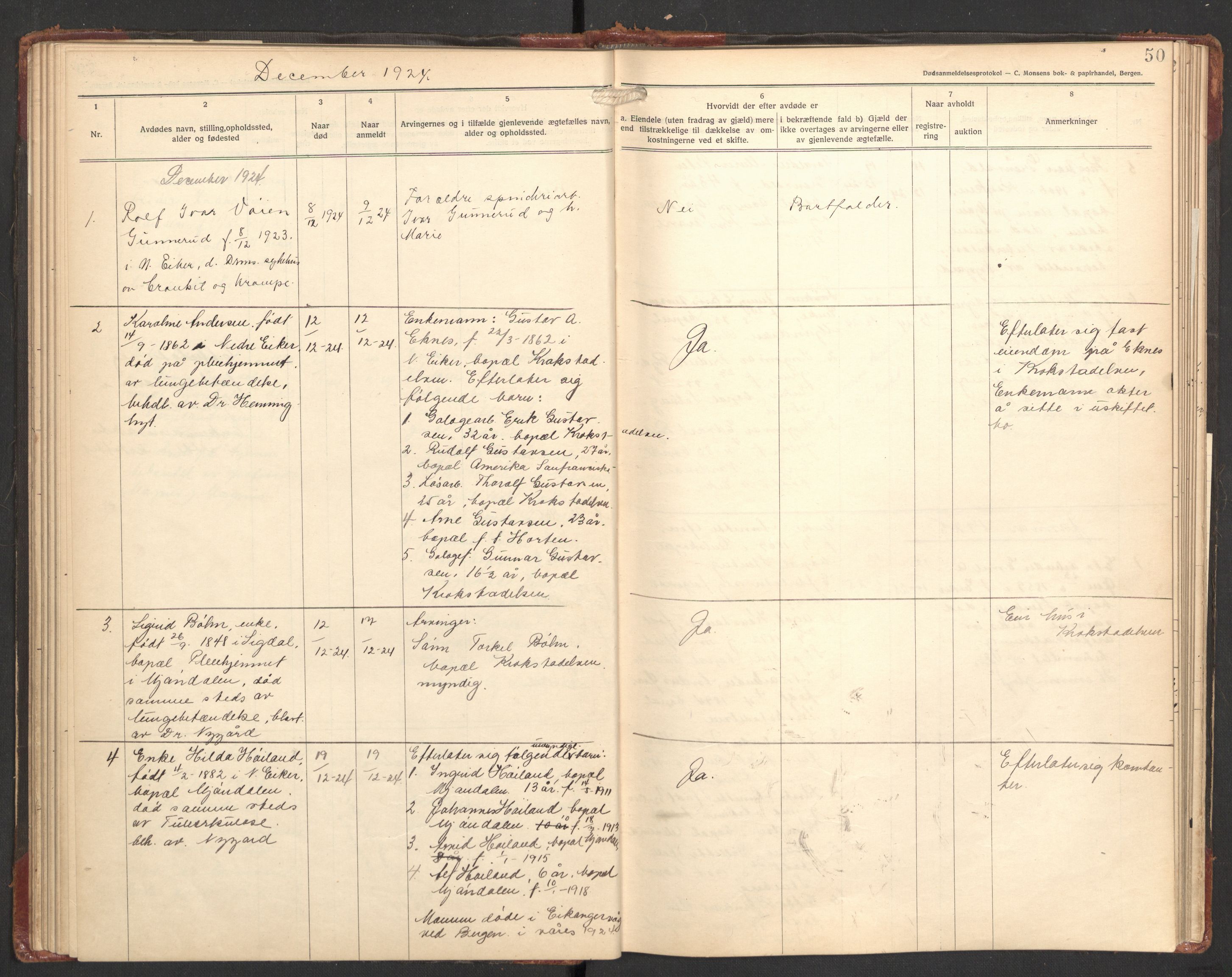 Nedre Eiker lensmannskontor, SAKO/A-530/H/Ha/L0003: Dødsfallsprotokoll, 1922-1928, s. 50
