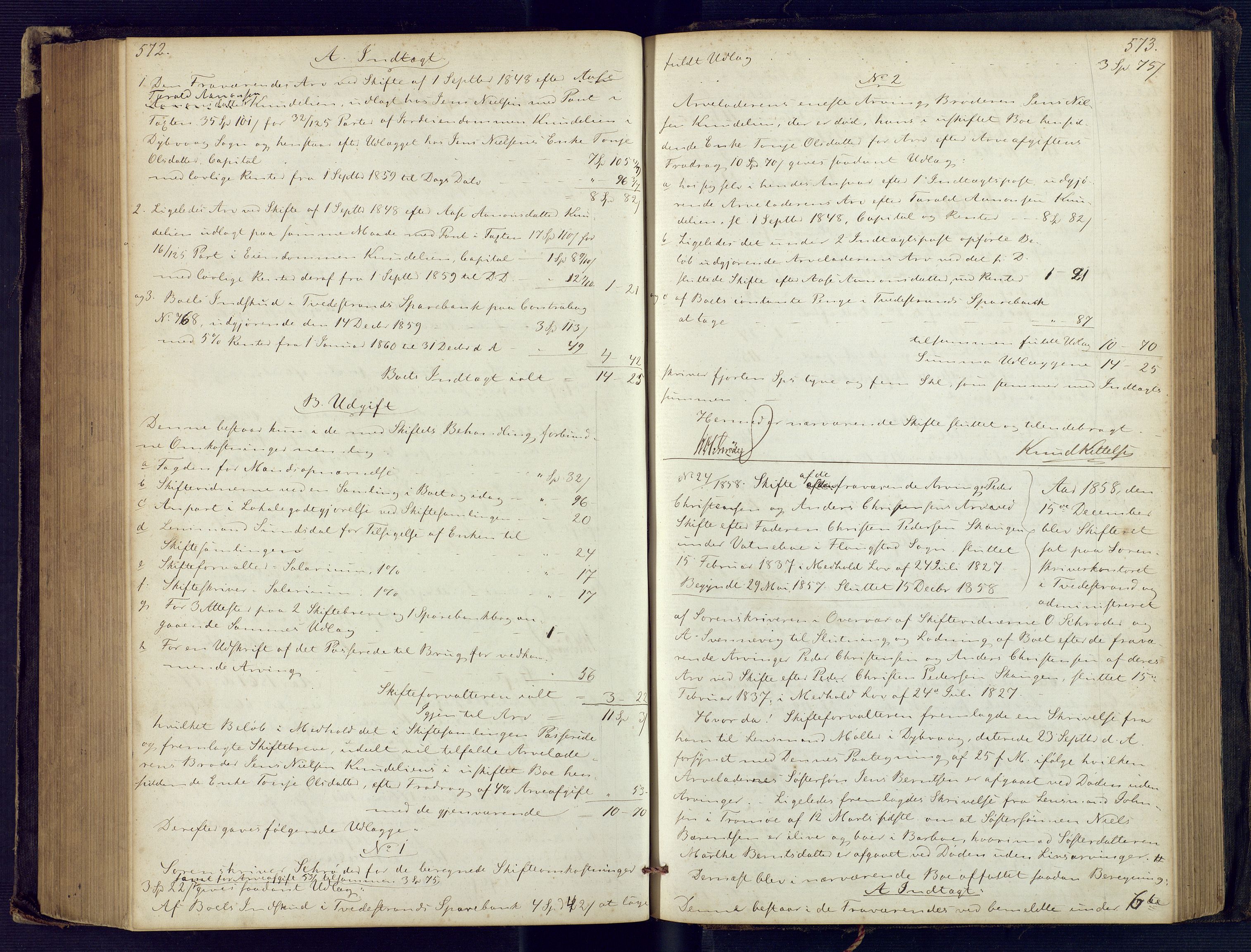 Holt sorenskriveri, SAK/1221-0002/H/Hc/L0029: Skifteutlodningsprotokoll nr. 4 med løst register, 1857-1862, s. 572-573