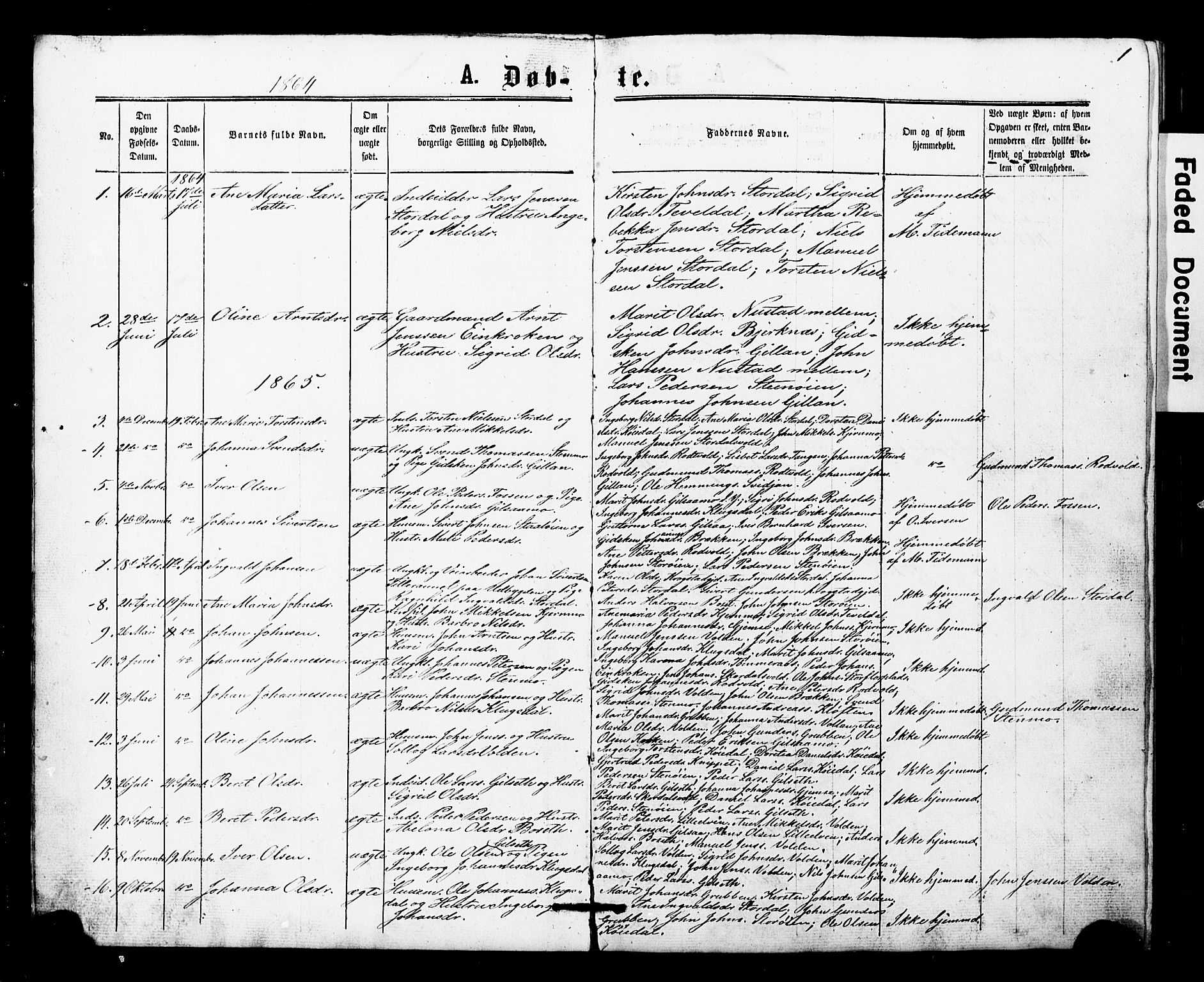 Ministerialprotokoller, klokkerbøker og fødselsregistre - Nord-Trøndelag, SAT/A-1458/707/L0052: Klokkerbok nr. 707C01, 1864-1897, s. 1