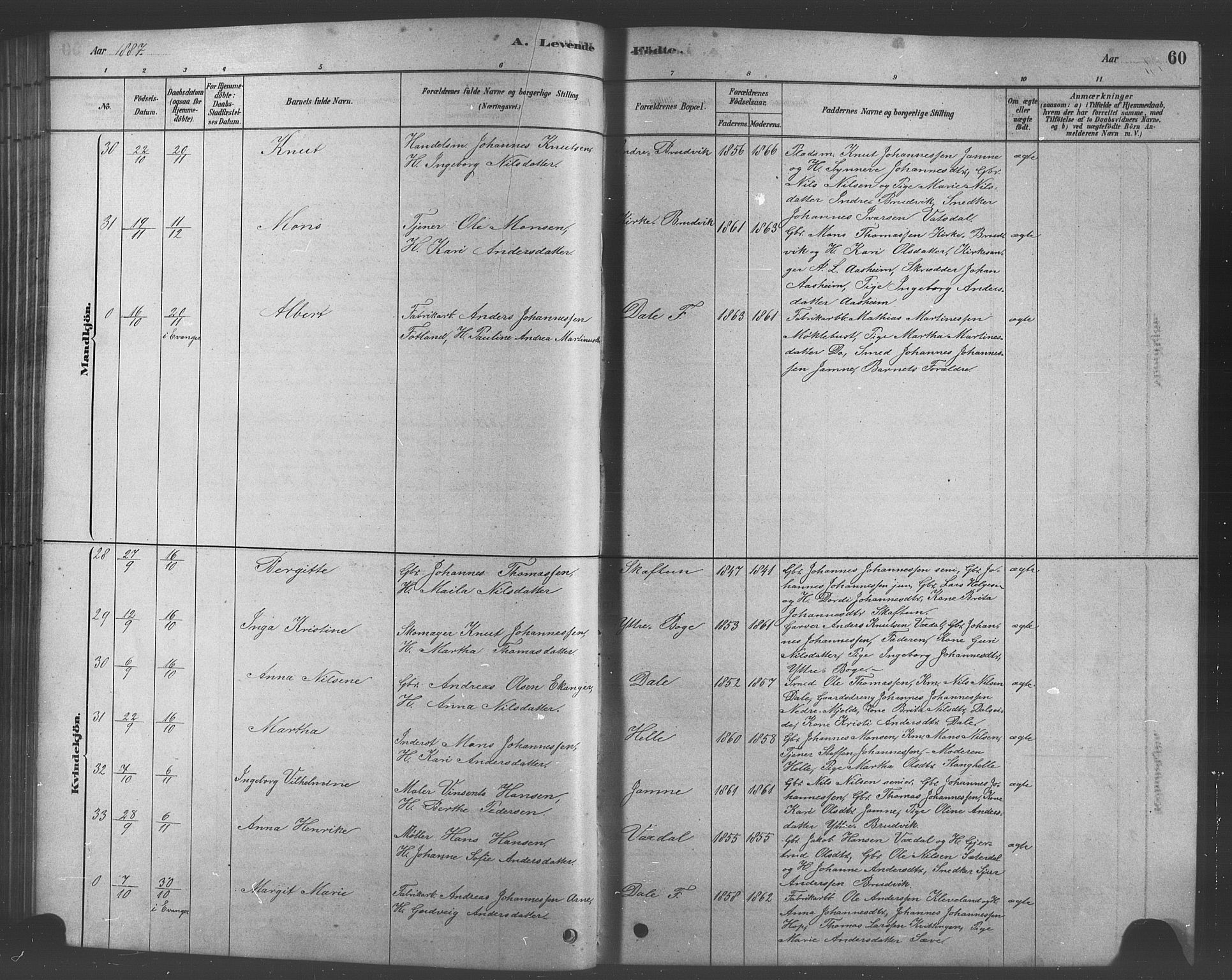 Bruvik Sokneprestembete, AV/SAB-A-74701/H/Hab: Klokkerbok nr. A 1, 1878-1907, s. 60