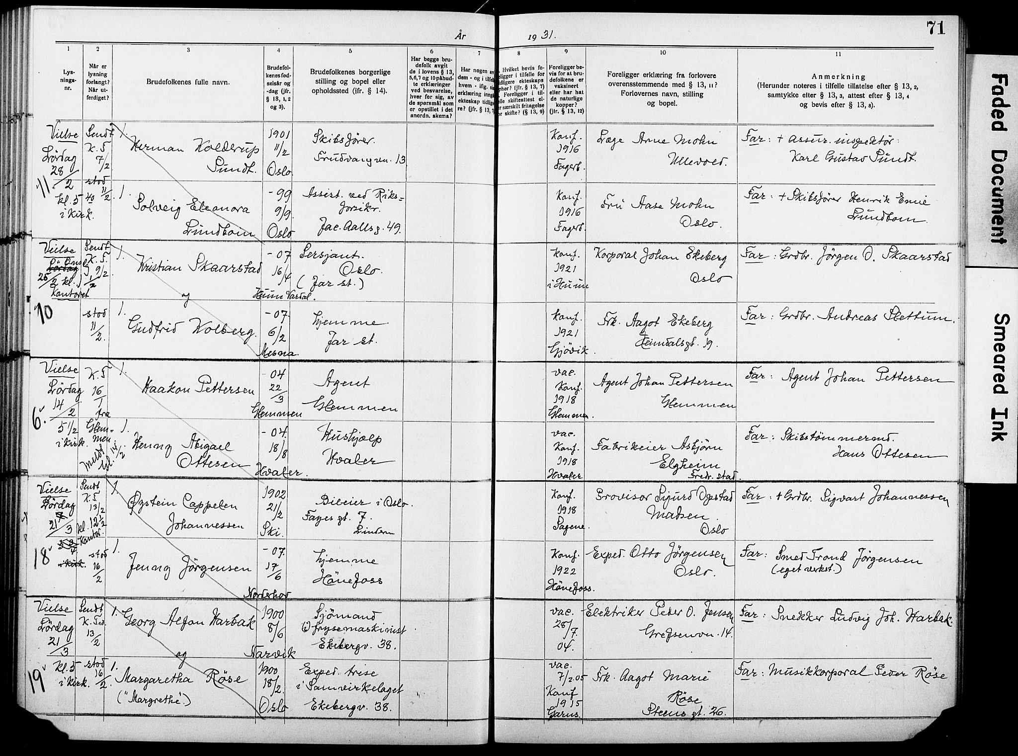 Garnisonsmenigheten Kirkebøker, AV/SAO-A-10846/H/Ha/L0010: Lysningsprotokoll nr. I 10, 1922-1932, s. 71