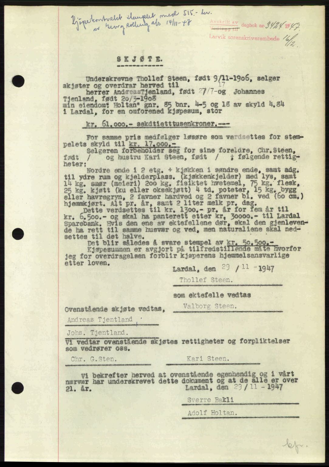 Larvik sorenskriveri, SAKO/A-83/G/Ga/Gab/L0085: Pantebok nr. A-19, 1947-1948, Dagboknr: 3424/1947