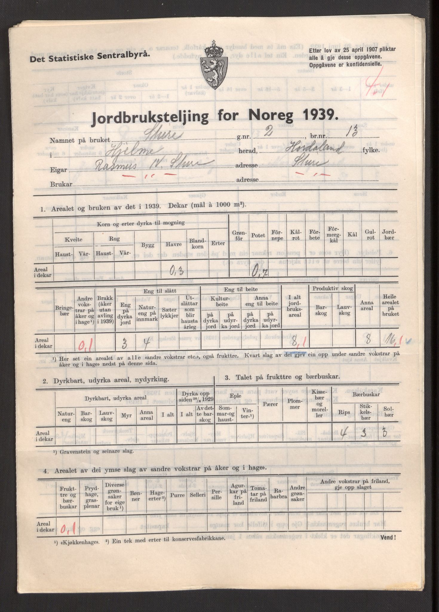 Statistisk sentralbyrå, Næringsøkonomiske emner, Jordbruk, skogbruk, jakt, fiske og fangst, AV/RA-S-2234/G/Gb/L0211: Hordaland: Herdla, Hjelme og Manger, 1939, s. 1203