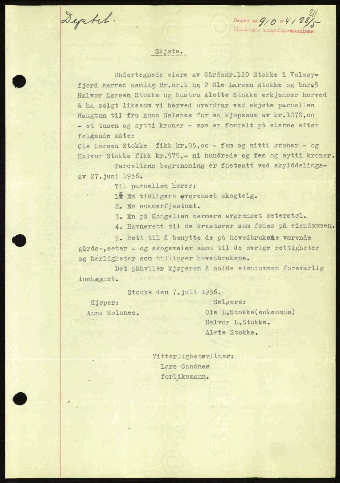 Nordmøre sorenskriveri, SAT/A-4132/1/2/2Ca: Pantebok nr. A90, 1941-1941, Dagboknr: 910/1941