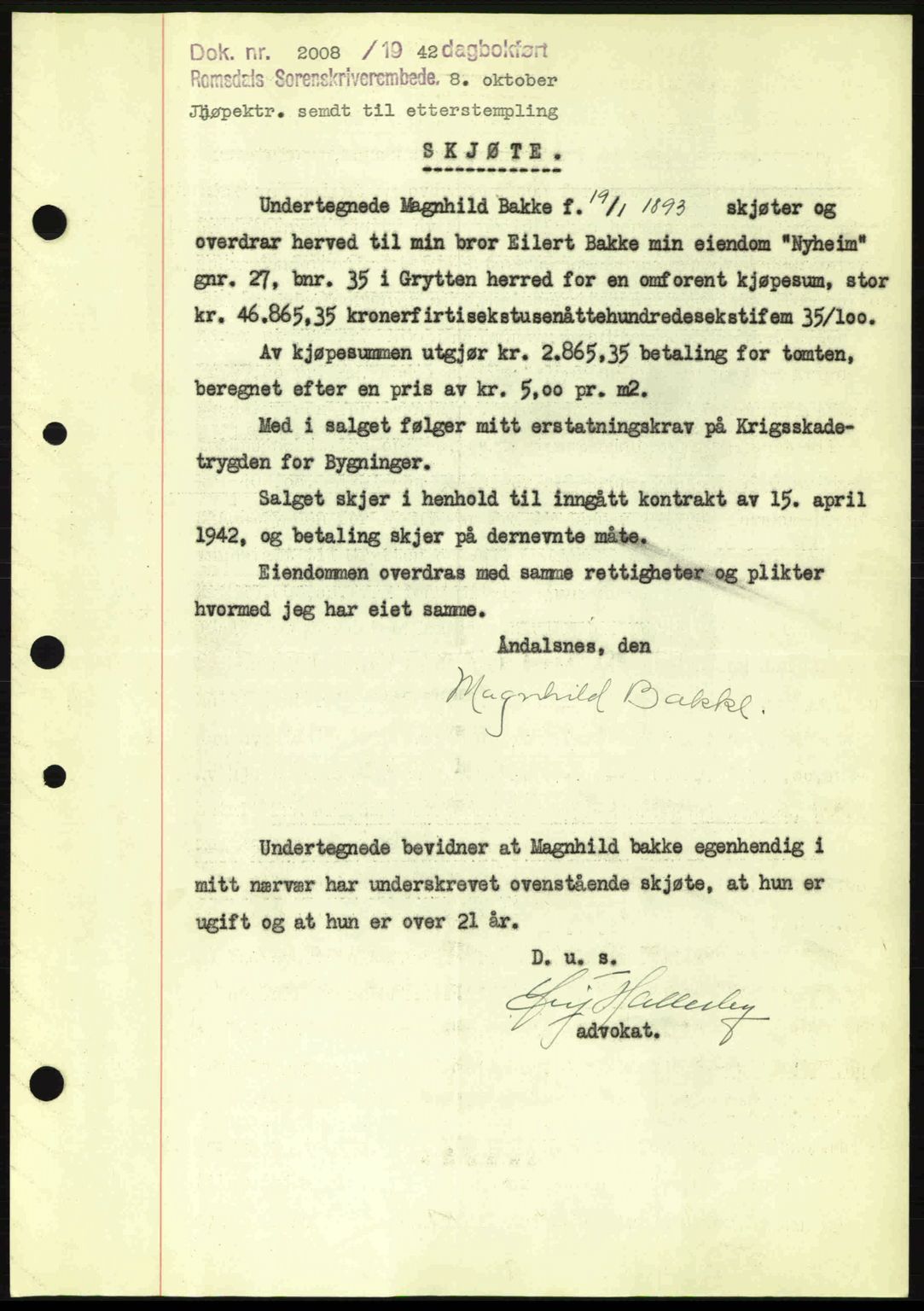 Romsdal sorenskriveri, SAT/A-4149/1/2/2C: Pantebok nr. A13, 1942-1943, Dagboknr: 2008/1942